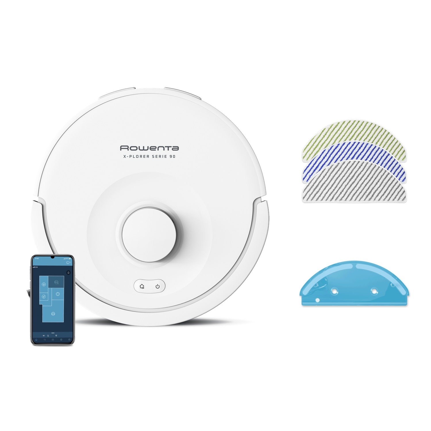 Un aspirateur robot Rowenta X-PLORER SERIE 90 blanc, un téléphone affichant une application et des tampons de nettoyage sur fond blanc.