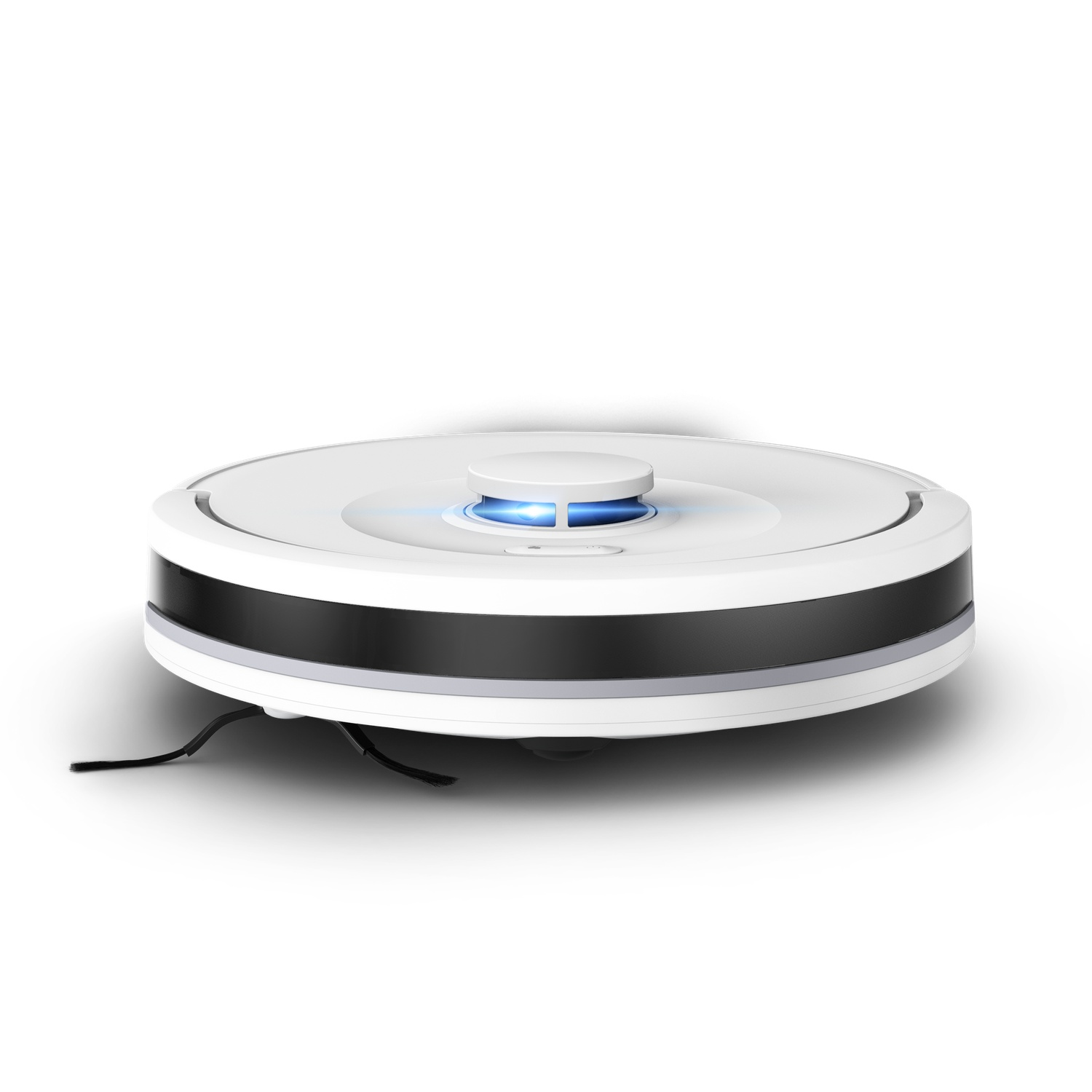 Un aspirateur robot blanc et noir repose sur une surface blanche. Il a un design circulaire avec un panneau de commande central et une bande noire.