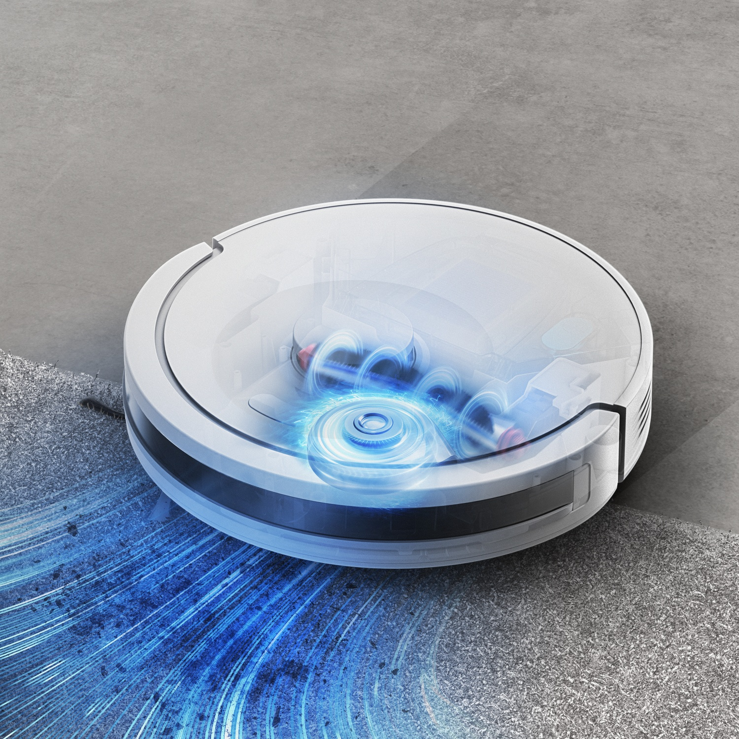 Un aspirateur robot blanc et transparent sur un sol gris. Des lignes d'énergie bleues indiquent le trajet de nettoyage et le mécanisme interne.