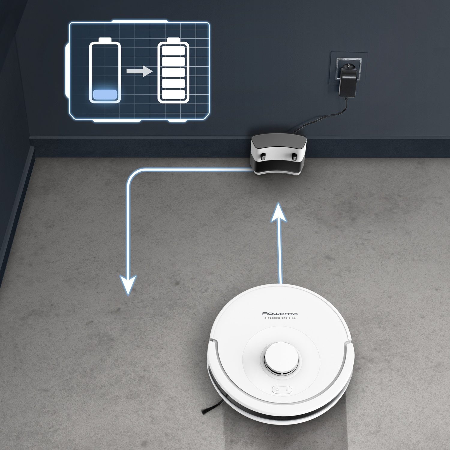 Un aspirateur robot blanc en charge. Un graphique montre la charge de la batterie. Le chargeur est branché sur une prise murale.