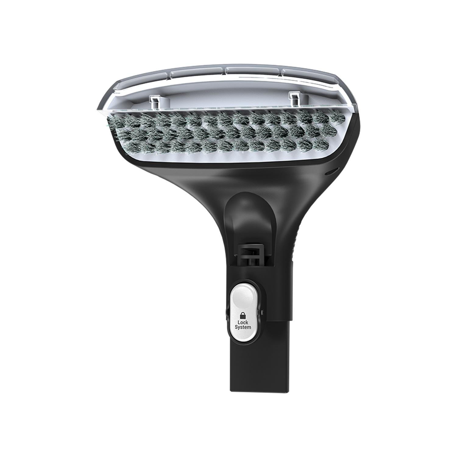 Une tête d'aspirateur noire avec des poils gris. Elle possède un couvercle en plastique transparent et un bouton de système de verrouillage.