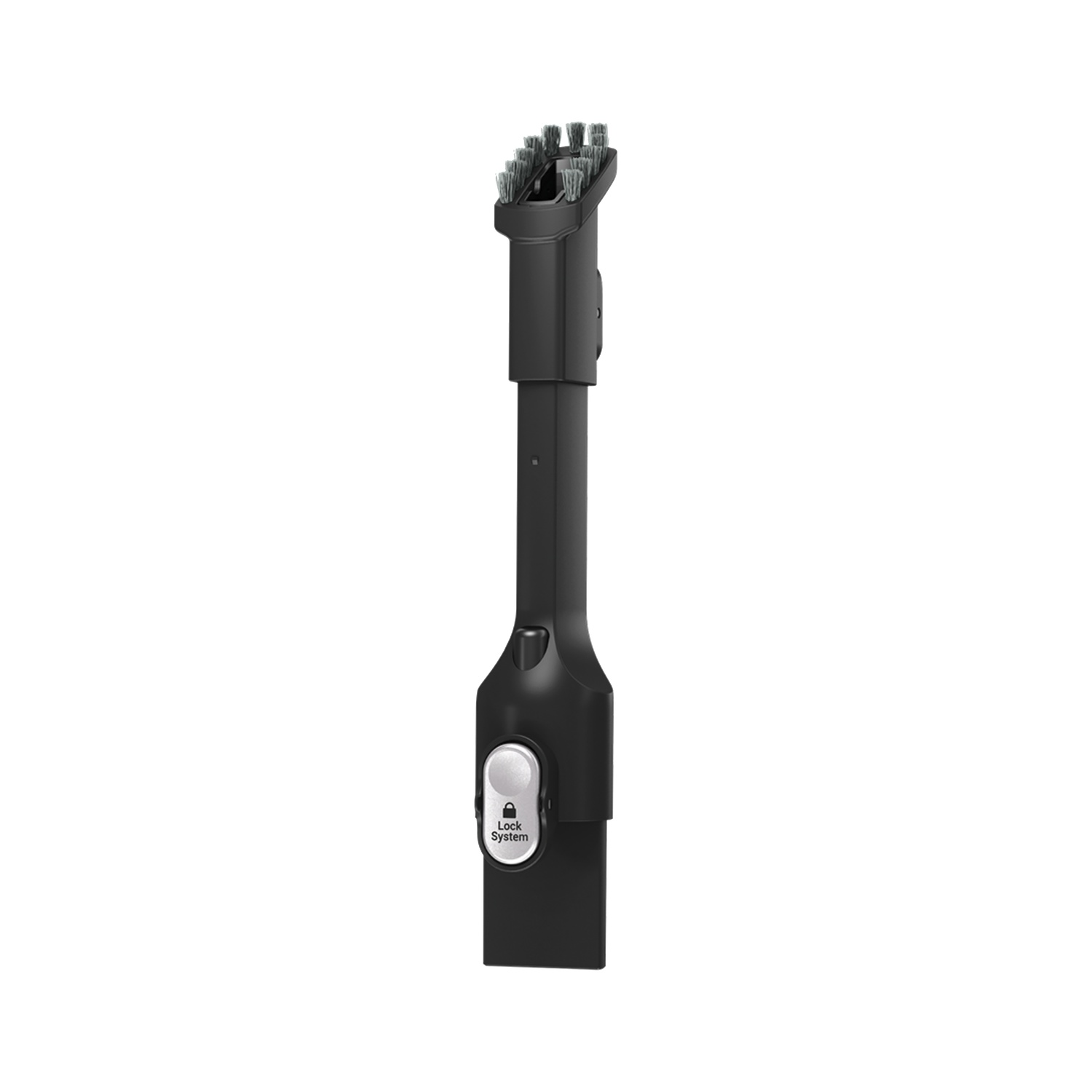 Une fixation noire pour aspirateur avec une tête de brosse. Il a un bouton de système de verrouillage et est sur fond blanc.