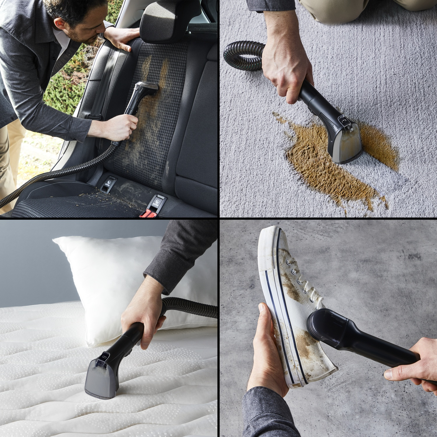 Une personne nettoie un siège de voiture avec un aspirateur. De la saleté est visible sur le siège. D'autres images montrent le nettoyage d'un tapis, d'un matelas et d'une chaussure.