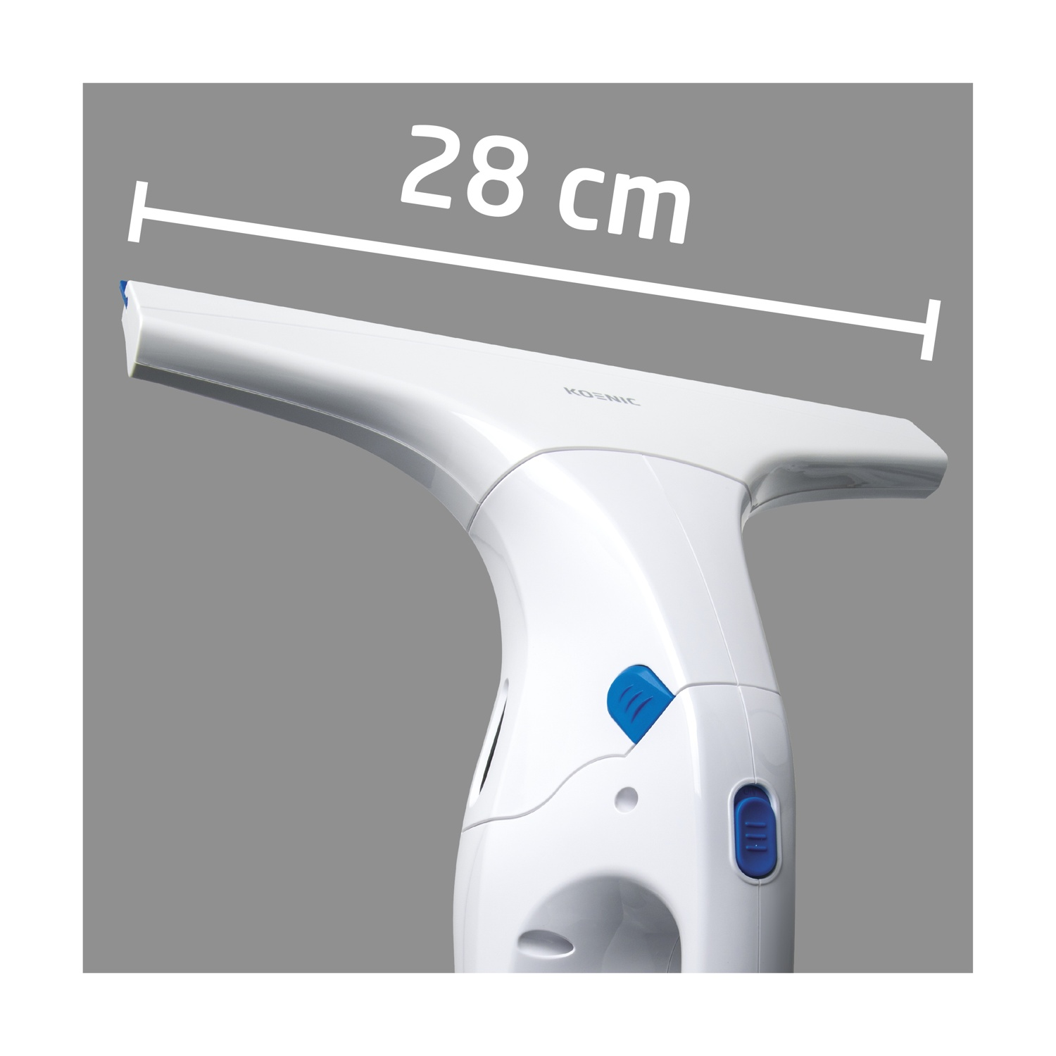 Uno strumento per la pulizia dei vetri bianco e blu, con una misurazione di 28 cm. Il marchio è 'KOENIC'.