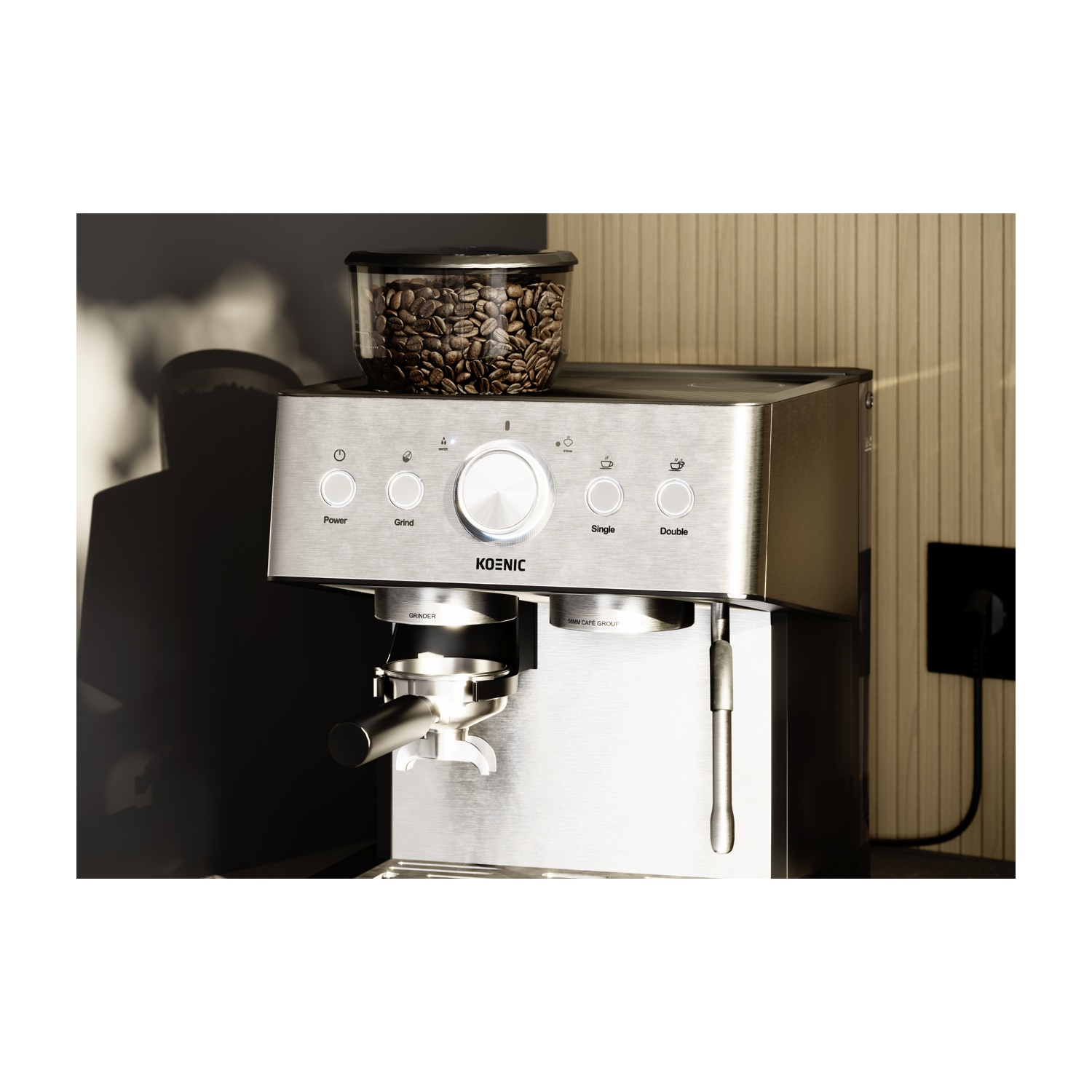 Una macchina per espresso Koenic argentata con un contenitore per chicchi sopra. Ha pulsanti per accensione, macinatura, singolo e doppio.
