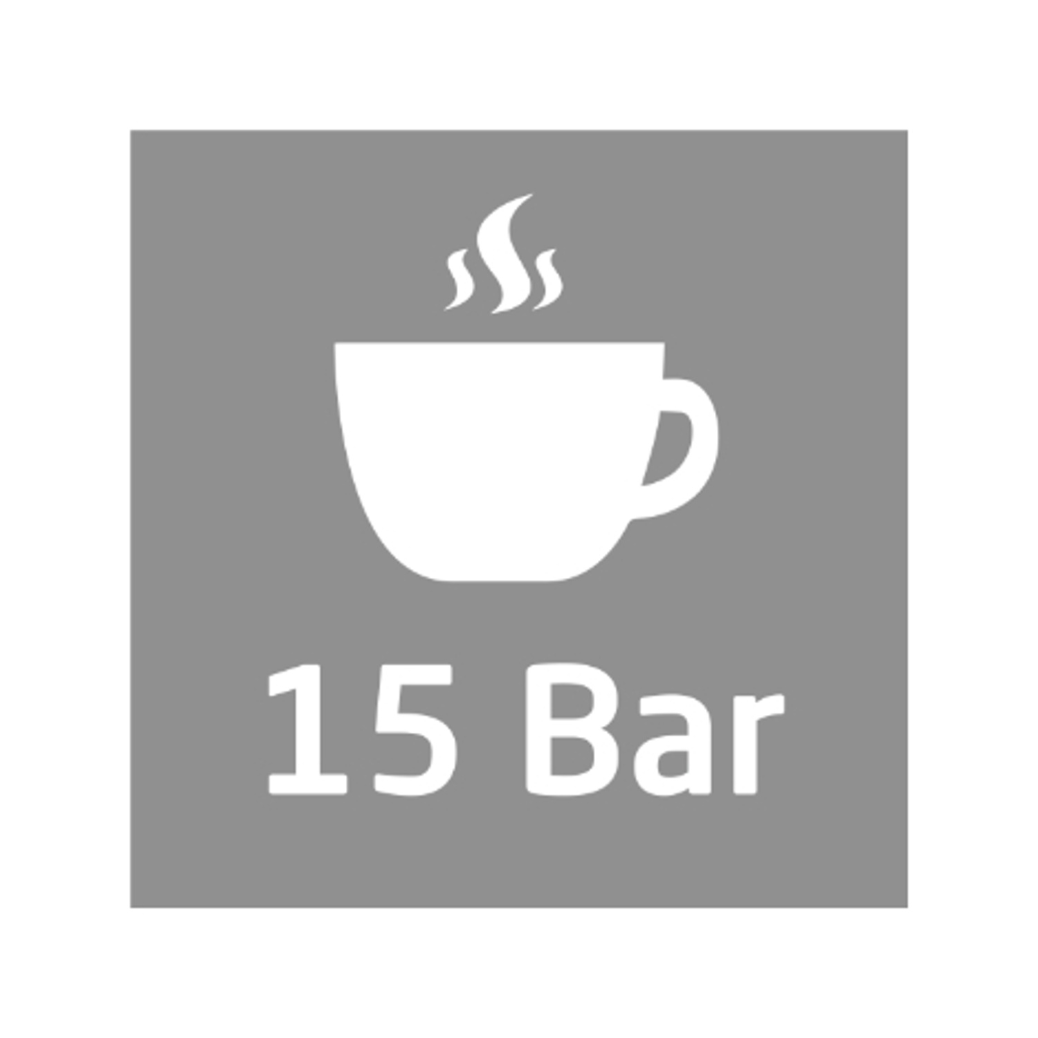 Una tazza da caffè bianca con vapore sopra e la scritta '15 Bar' sotto, su sfondo grigio.