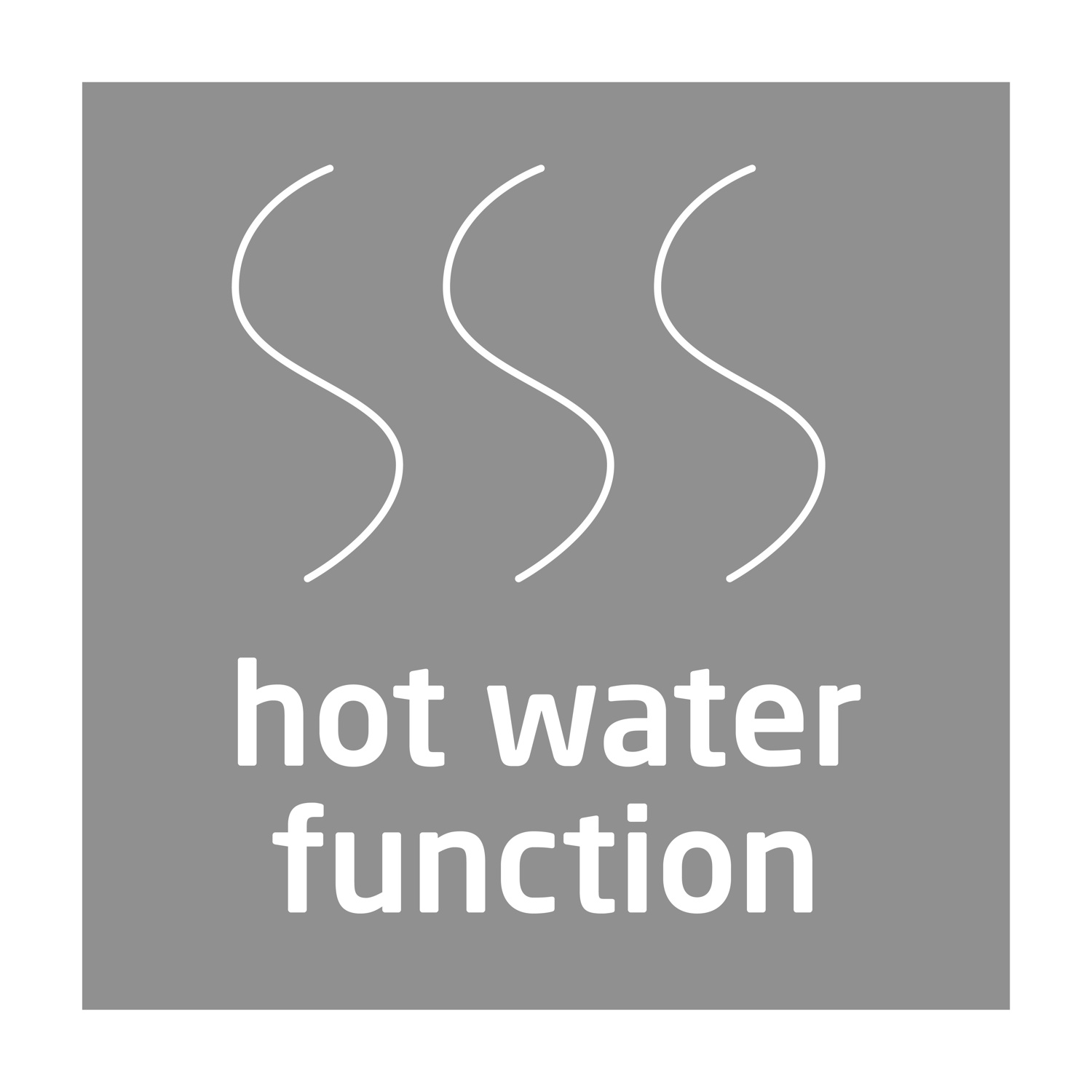 Un quadrato grigio con tre linee bianche curve sopra le parole bianche 'hot water function'.