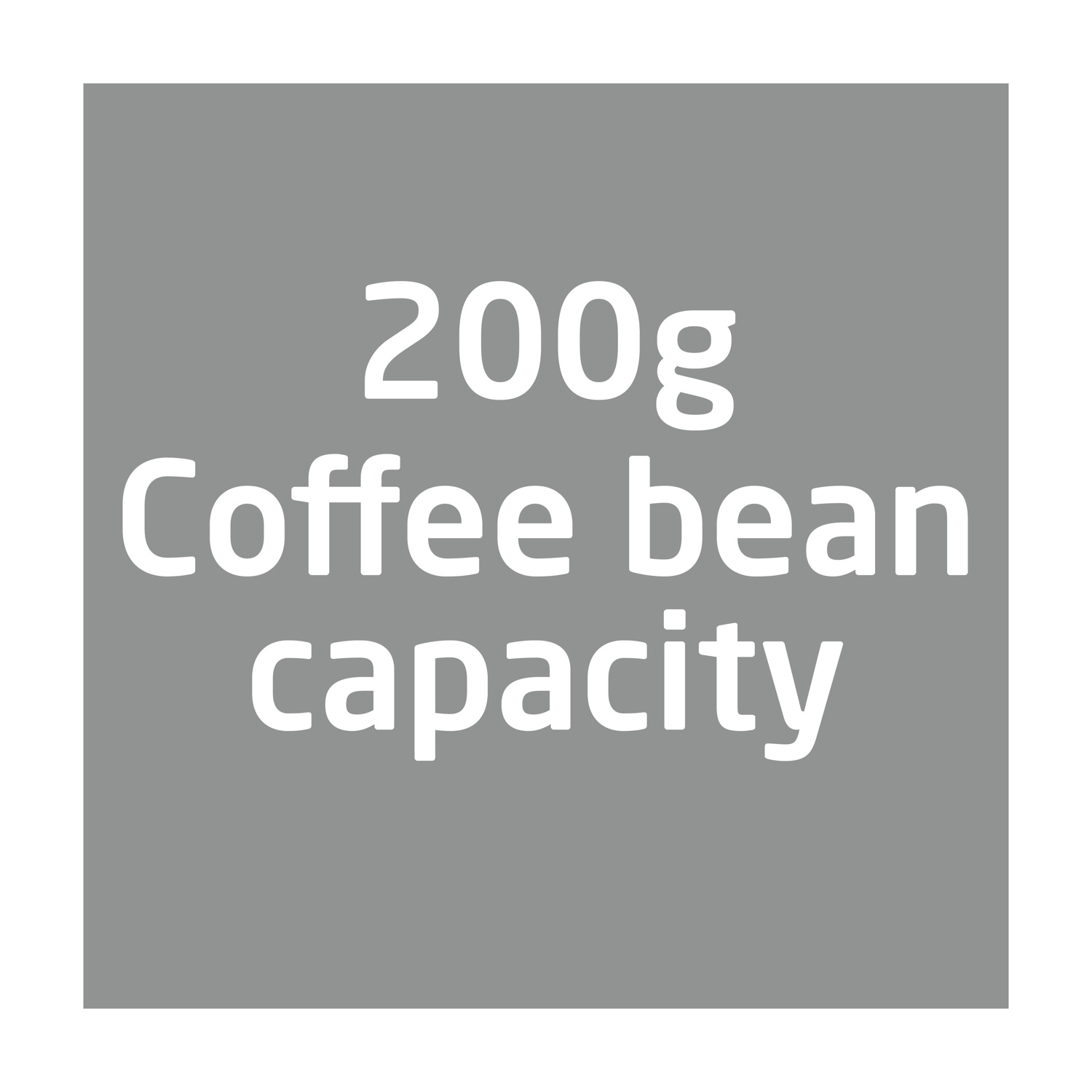 Un quadrato grigio con testo bianco che indica "200g Capacità chicchi di caffè".