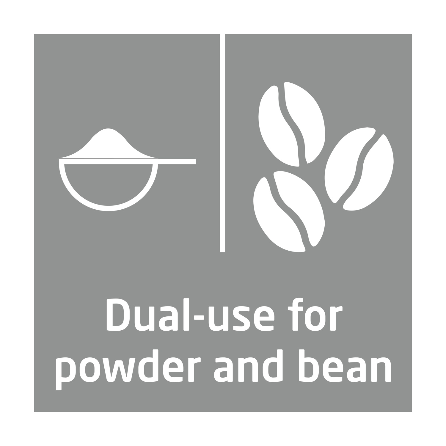 Quadrato grigio con cucchiaio e chicchi di caffè a sinistra. Il testo recita: 'Dual-use for powder and bean'.