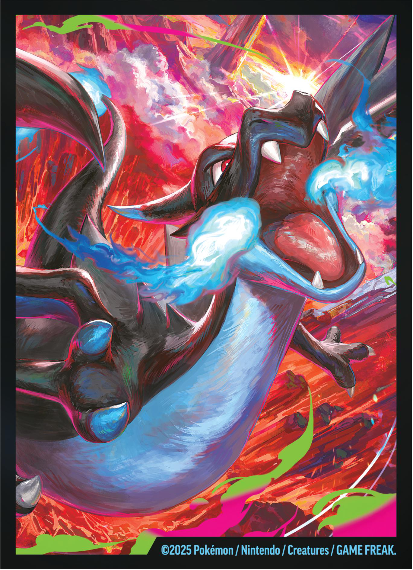 Ein schwarz-blauer Drache mit offenem Mund atmet blaues Feuer. Der Hintergrund ist rot und orange mit hellem Licht.
