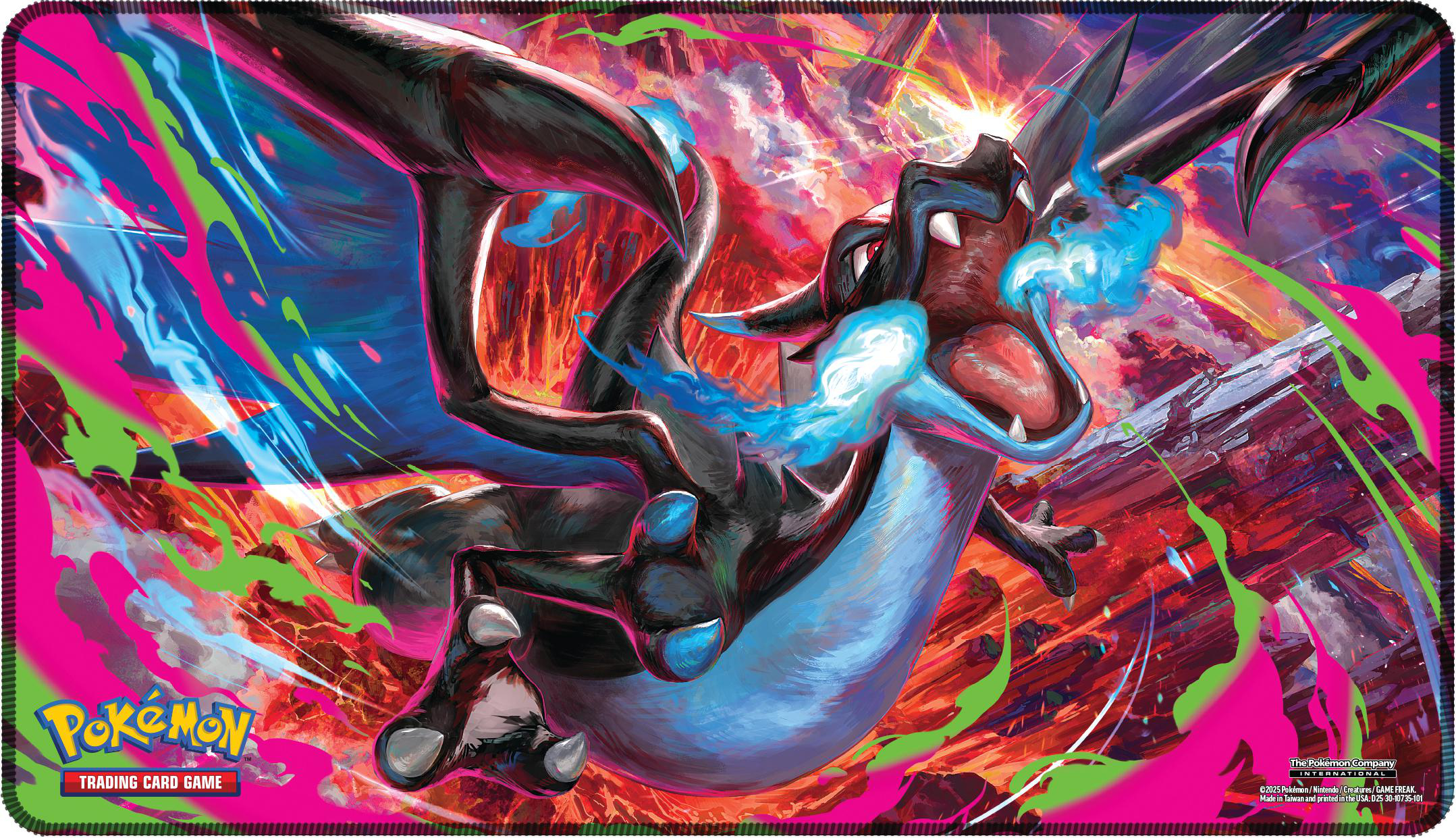 Ein Glurak speit blaue Flammen. Der Hintergrund ist rot und orange mit grünen und rosa Farbstrichen. Unten ist das Pokemon Trading Card Game Logo.