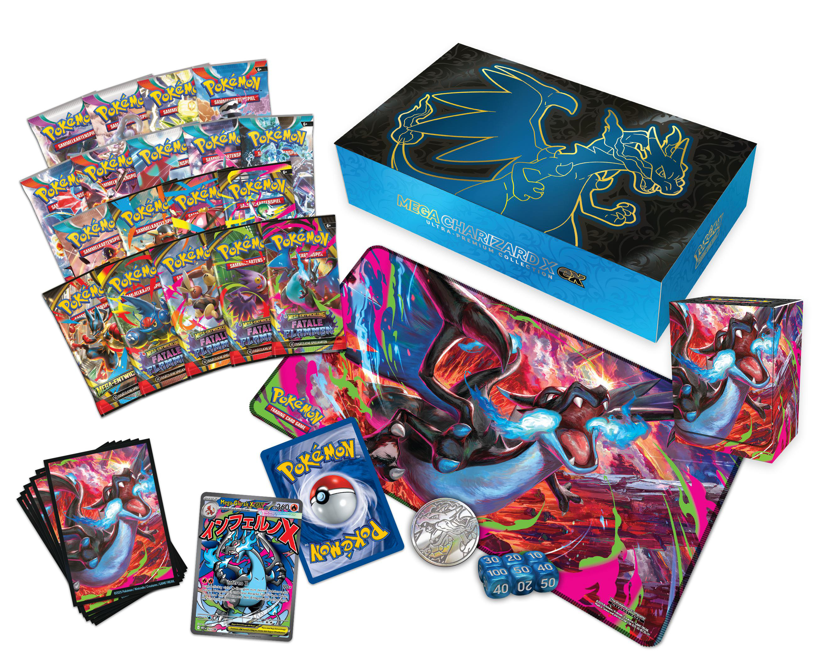 Pokemon-Sammelkarten-Pakete, Box, Spielmatte, Münze, Würfel und Karten.