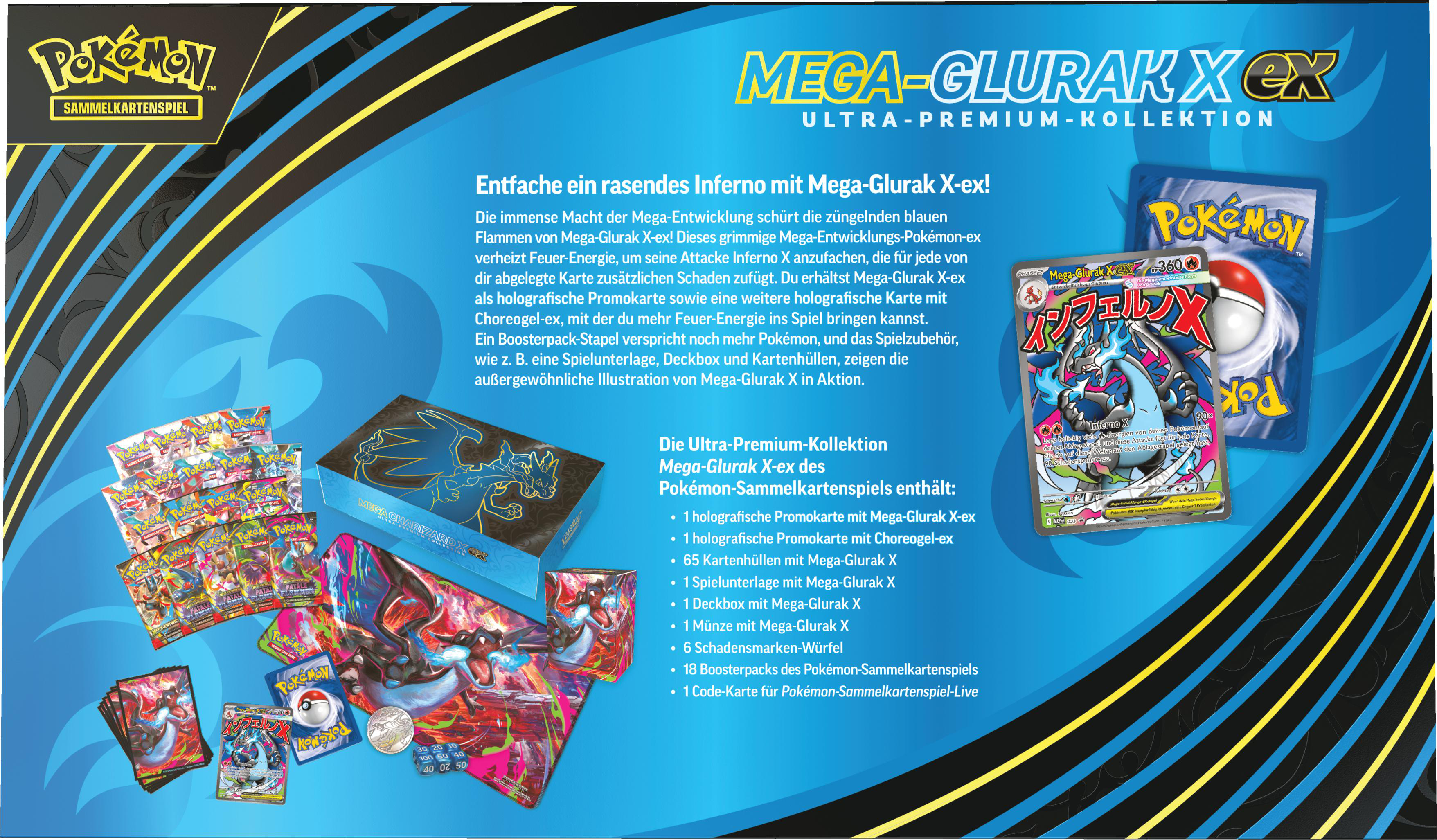 Eine Mega-Glurak X ex Ultra-Premium-Kollektionsbox, Karten, Würfel und Boosterpacks werden angezeigt.