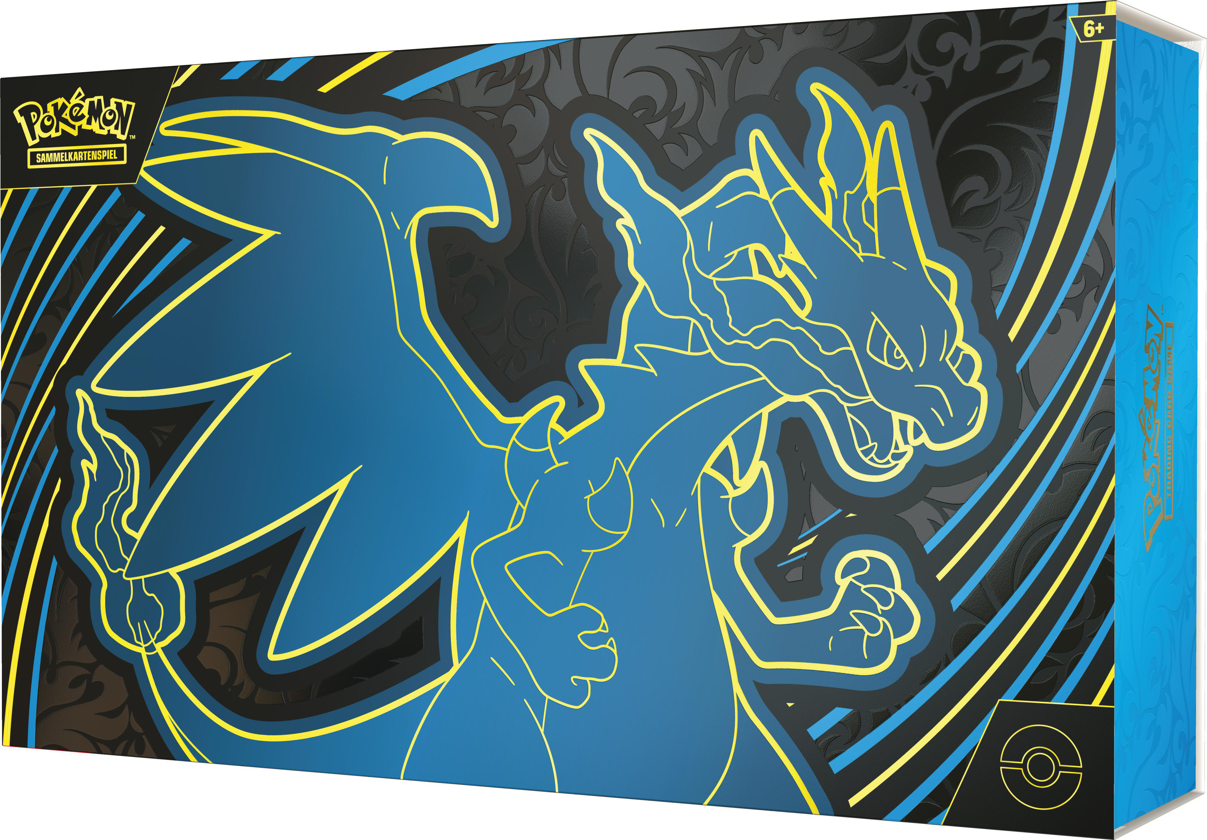 Box-Art zeigt ein blaues Glurak, gelbe Umrisse und schwarzen Hintergrund mit dem Pokémon-Logo. Enthält Sammelkarten.