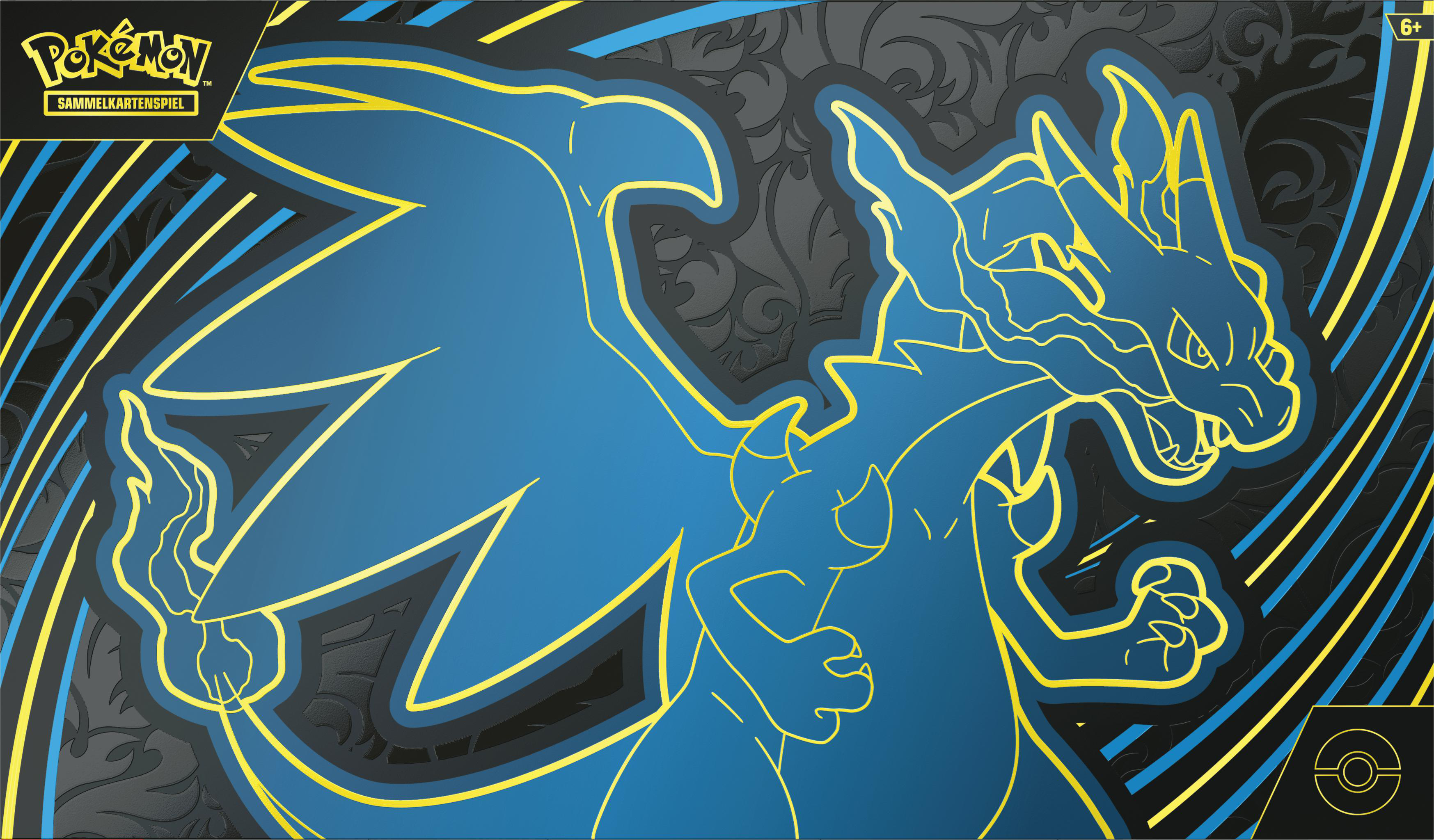 Eine blaue Charizard-Illustration mit gelben Umrissen auf schwarzem Hintergrund. Das Pokemon-Logo befindet sich oben links, das 6+-Zeichen oben rechts.