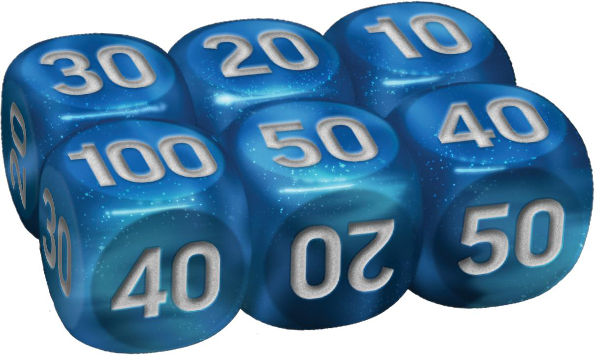 Sechs blaue Würfel mit weißen Zahlen. Sichtbare Zahlen: 10, 20, 30, 40, 50 und 100. Die Würfel haben einen Sternenhintergrund.