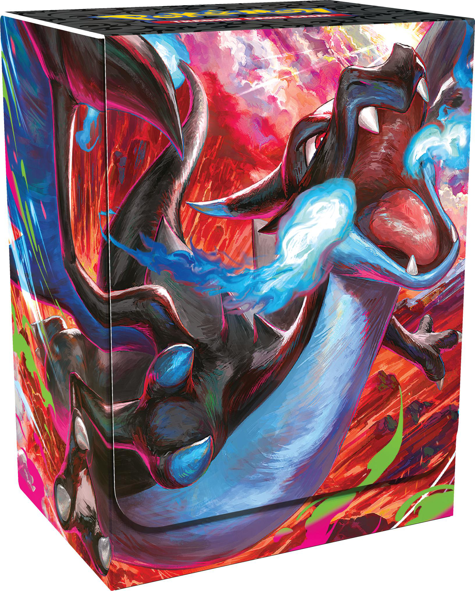 Eine Schachtel mit einer Charizard-Illustration. Charizard speit blaues Feuer vor rotem und pinkfarbenem Hintergrund. Schwarz, Rot und Blau.