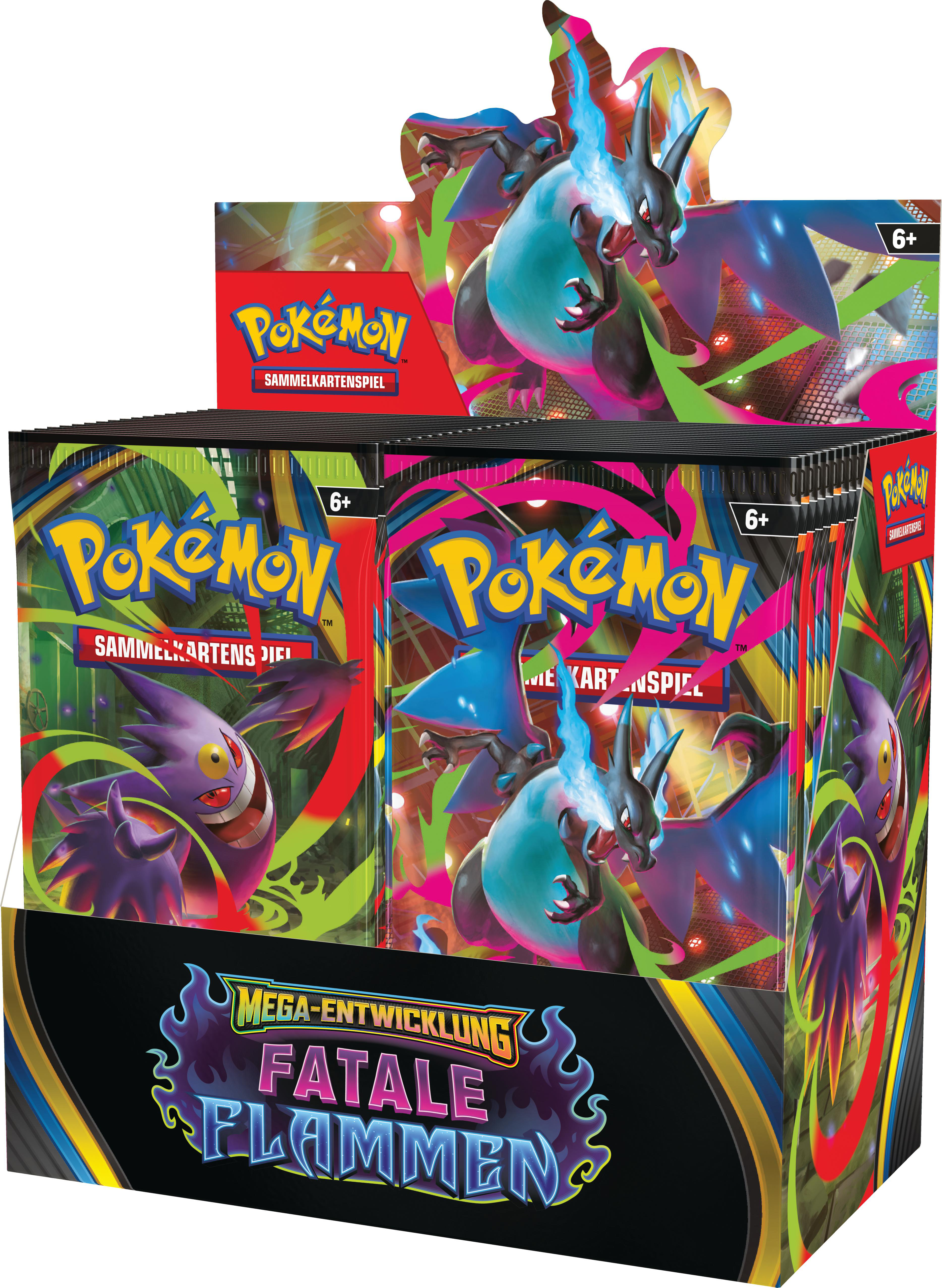Eine Displaybox mit Pokémon-Sammelkarten. Es zeigt Glurak, Gengar und die Worte 'FATALE FLAMMEN'.