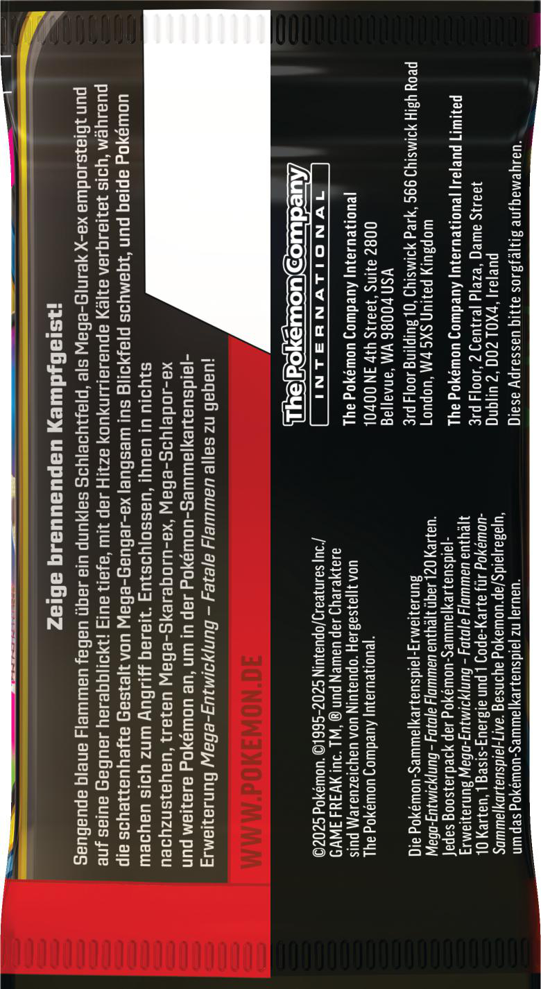 Eine Kartenpackung mit rotem und schwarzem Design. Text in mehreren Sprachen ist sichtbar, zusammen mit dem Logo von Pokemon Company International.