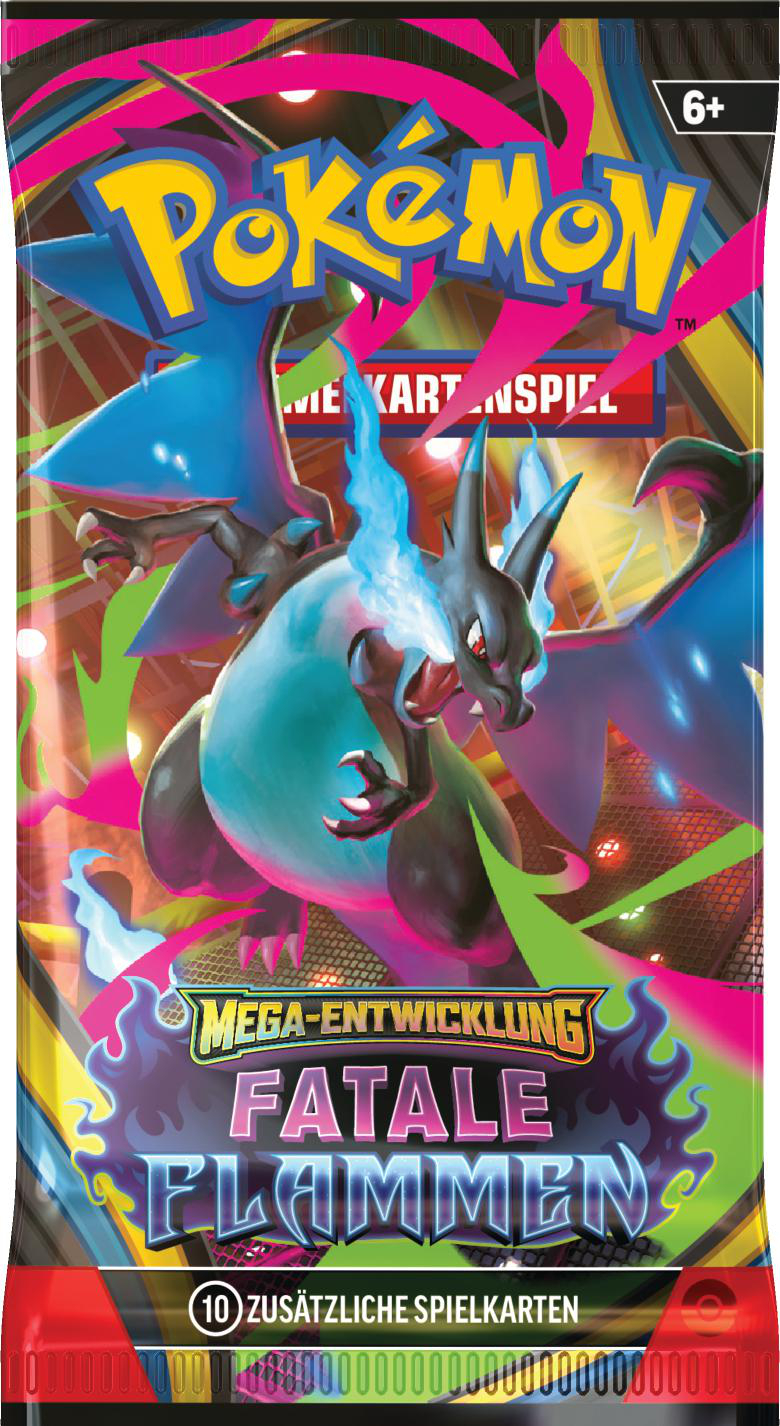 Eine Pokémon-Kartenpackung mit Charizard. Die Packung hat Text auf Deutsch, mit einem schwarz, rot und grün Farbschema, mit einem Drachen.