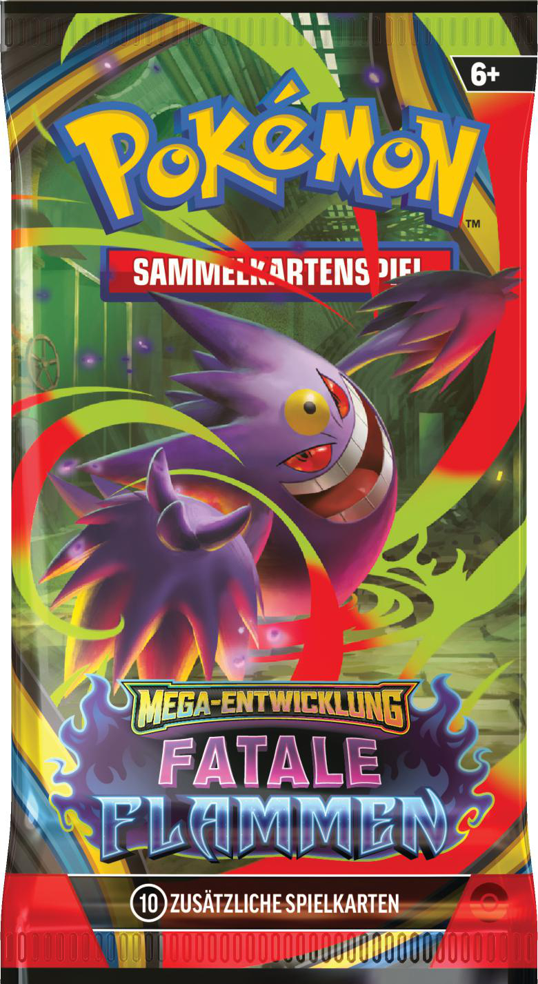 Eine Pokémon-Kartenpackung mit Gengar. Lila Gengar ist in der Mitte. Der Hintergrund hat grüne und rote Akzente. Der Text ist auf Deutsch.