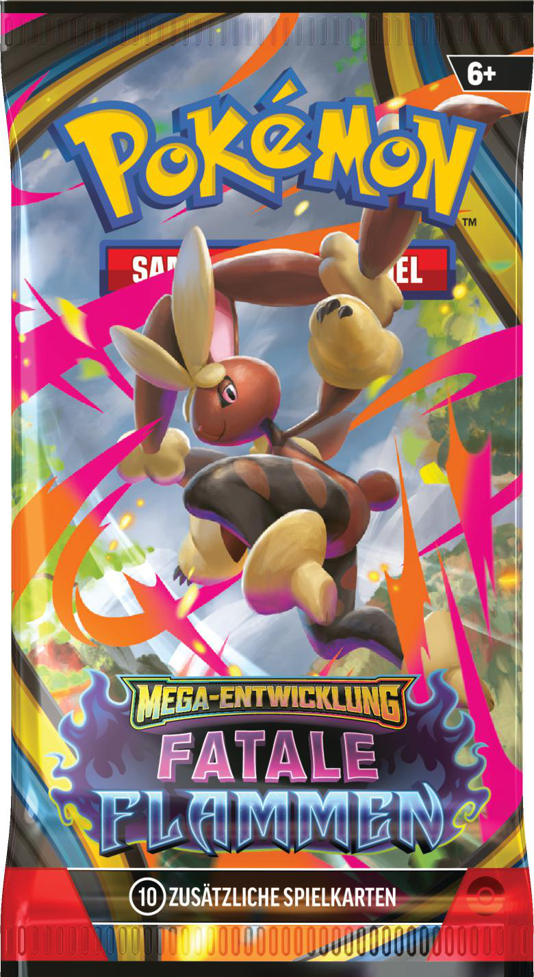 Eine Pokémon-Kartenpackung mit einem braunen und beigen kaninchenartigen Wesen, das springt. Der Hintergrund ist eine Mischung aus Rosa, Orange und Blau.