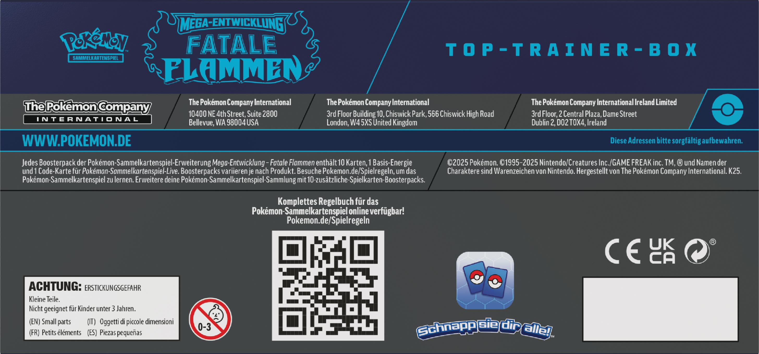 Eine Box mit der Aufschrift "TOP-TRAINER-BOX" mit Pokémon-Branding, Warnhinweisen und Text in mehreren Sprachen.