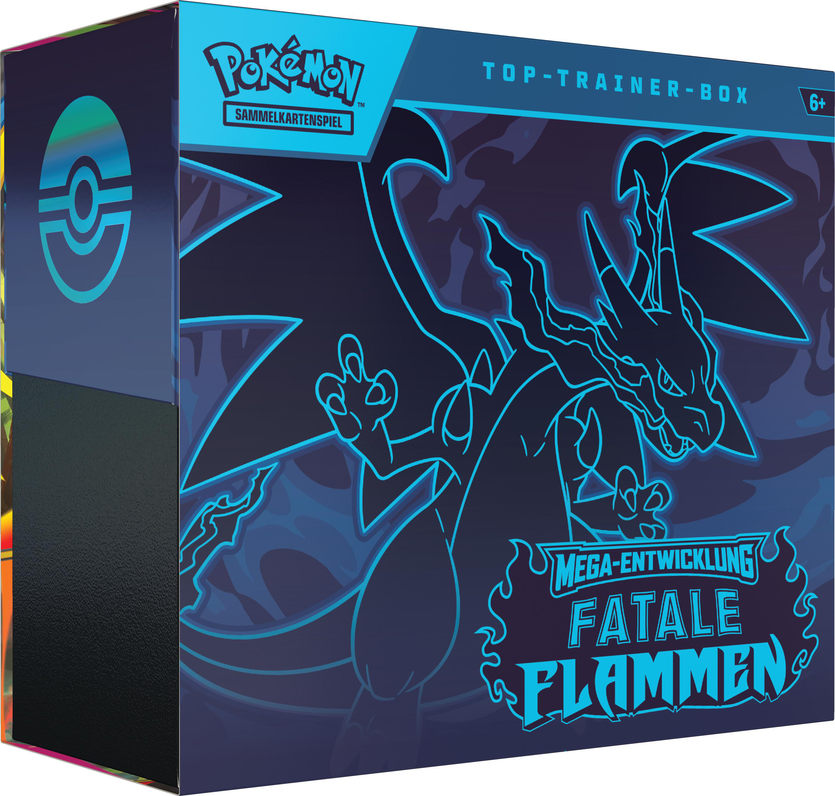 Schachtel mit Pokémon-Logo, Charizard-Illustration und Text auf Deutsch und Englisch. Es ist eine Top-Trainer-Box.