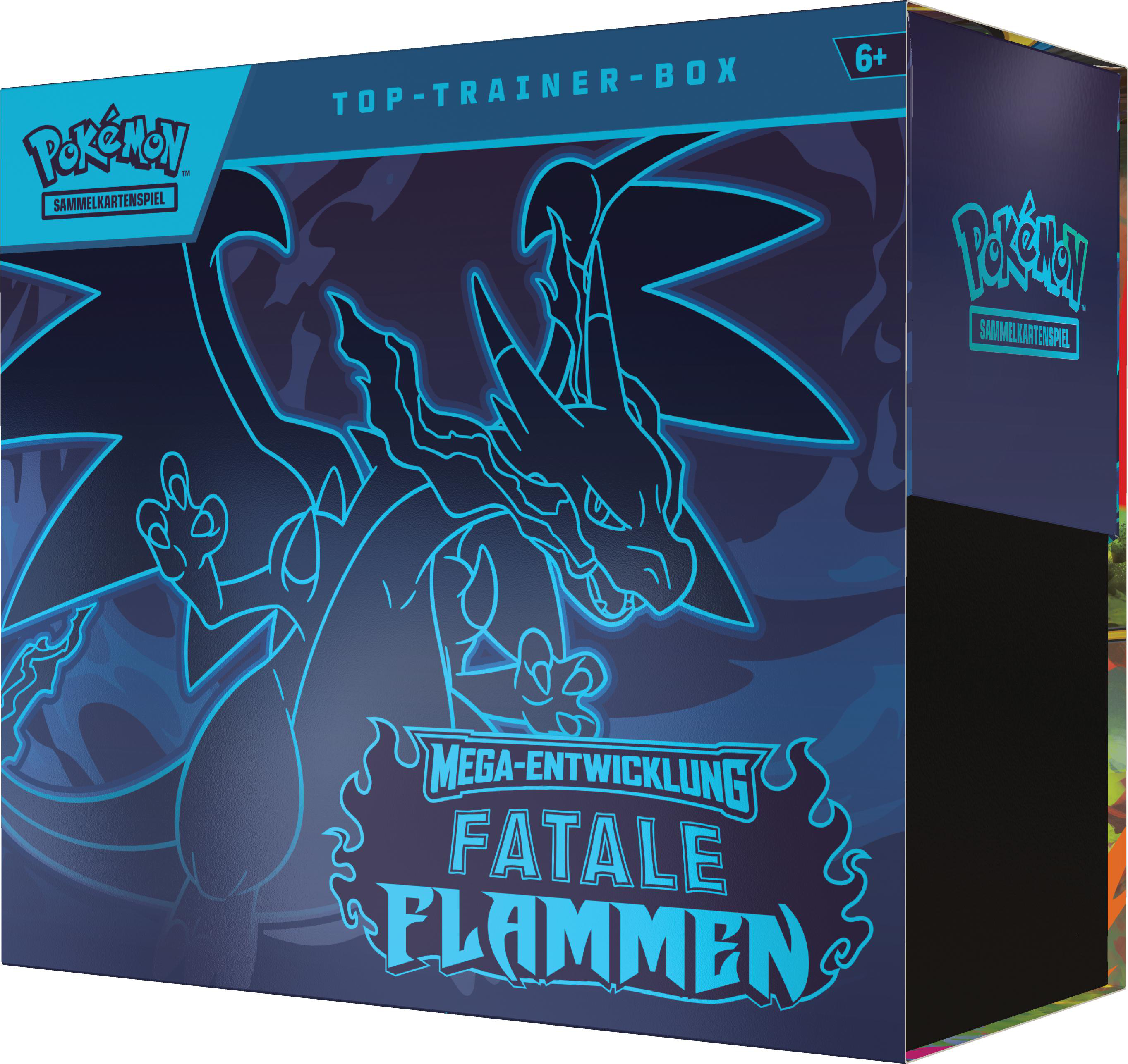 Eine Pokémon Top Trainer Box, blau mit Charizard-Umriss. Der Text lautet 'MEGA-ENTWICKLUNG FATALE FLAMMEN' und 'SAMMELKARTENSPIEL'.