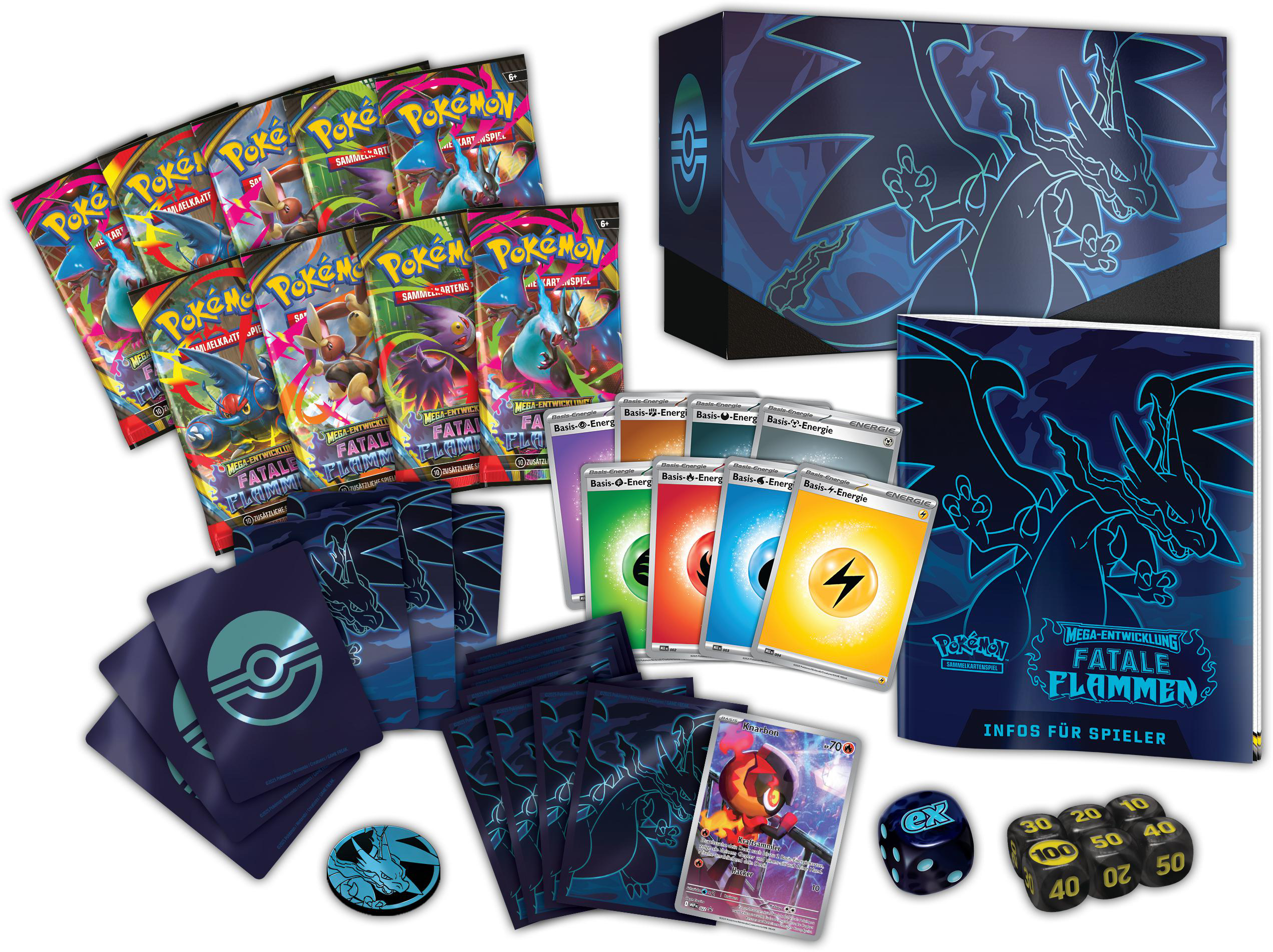 Bild zeigt ein Pokémon-Kartenspiel-Set mit Boosterpacks, Karten, Würfeln und einer Box mit einem Glurak.