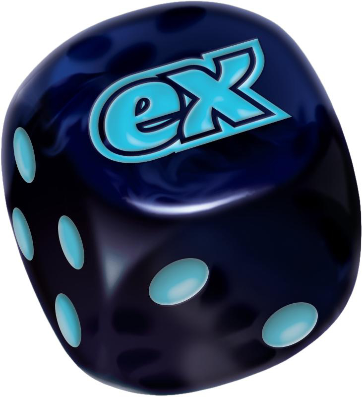 Ein dunkelblauer Würfel mit hellblauen Punkten. Das Wort "ex" steht oben in Hellblau. Der Würfel hat eine glänzende, reflektierende Oberfläche.