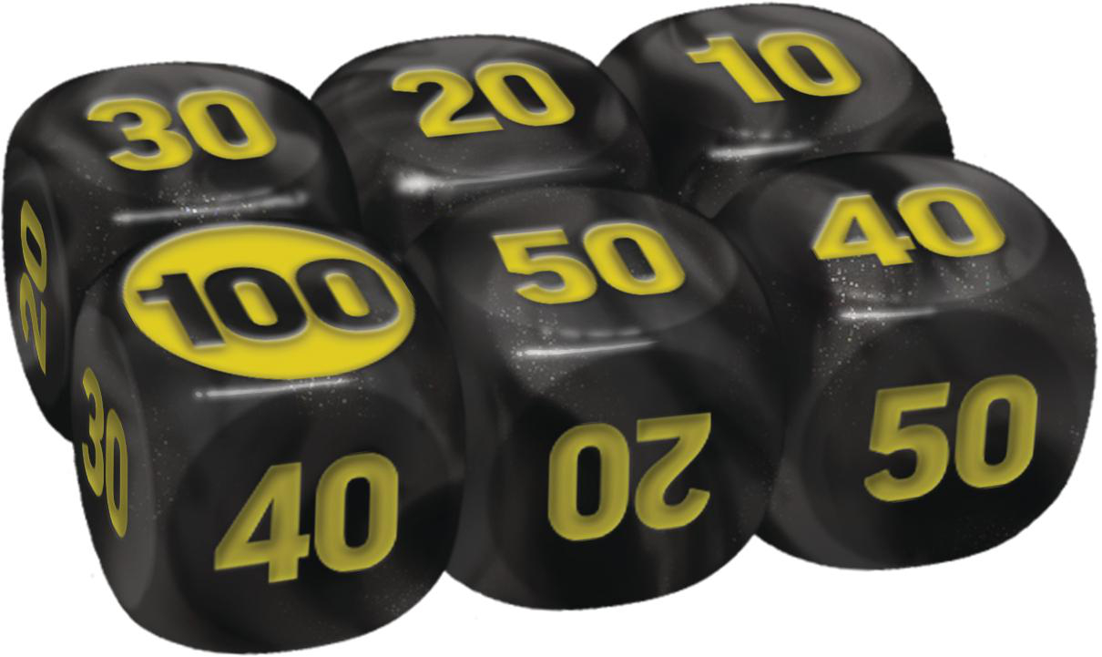 Sieben schwarze Würfel mit gelben Zahlen. Zu den Zahlen gehören 10, 20, 30, 40, 50 und 100. Die Würfel sind eng aneinander angeordnet.