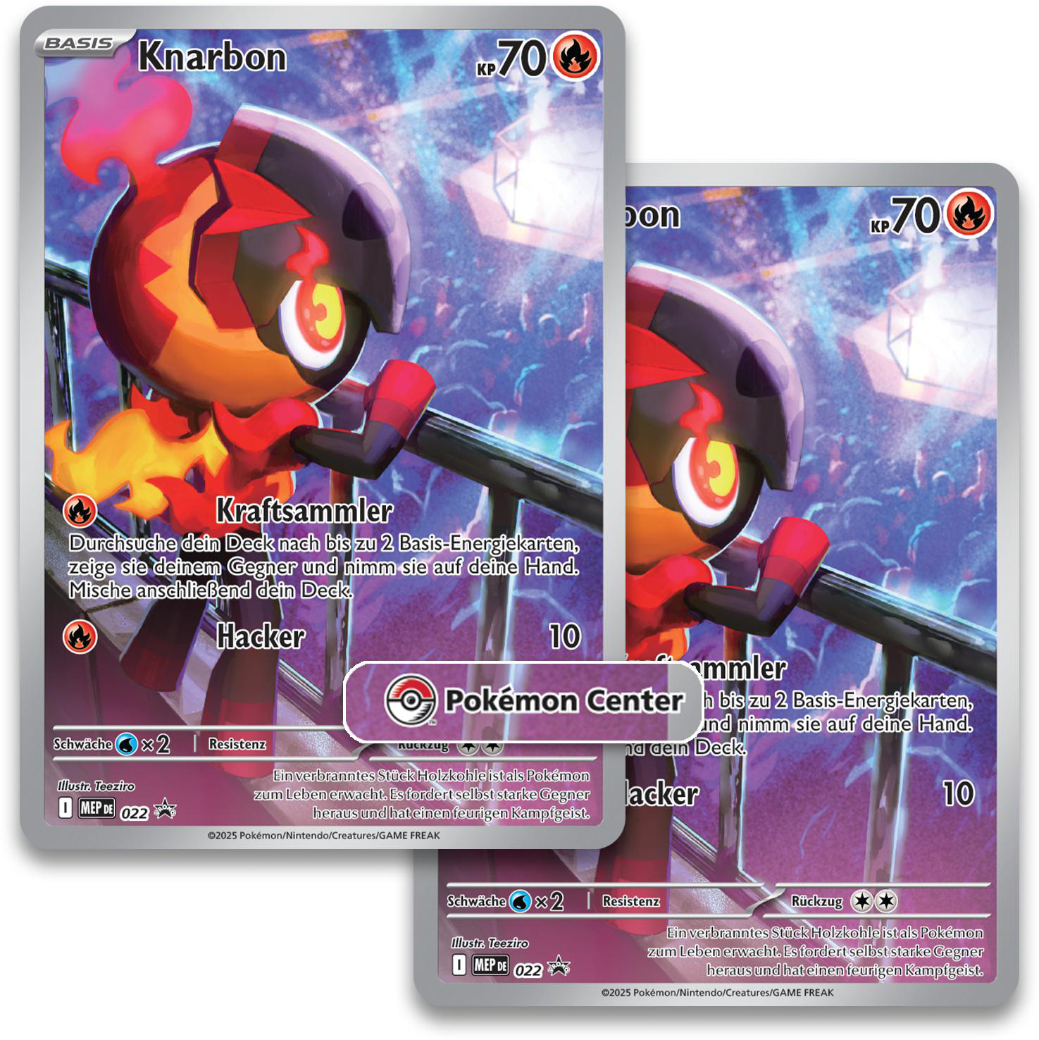 Zwei Pokemon-Sammelkarten. Eine zeigt ein rotes und schwarzes Wesen. Der Hintergrund ist eine verschwommene lila Menge.