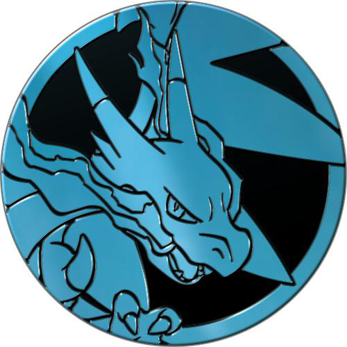 Eine runde, blaue Münze mit einem Drachendesign in der Mitte. Schwarze Formen akzentuieren das Drachenbild. Die Münze hat einen metallischen Glanz.