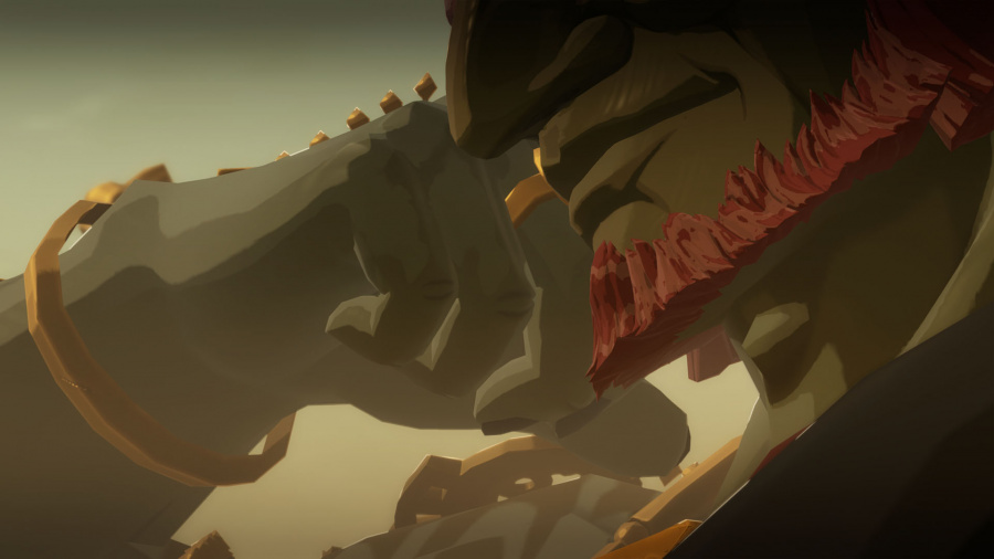 Zbliżenie gigantycznej istoty z szarą skórą i czerwonymi, kolczastymi włosami. Złote akcenty na ciele, na rozmytym tle.