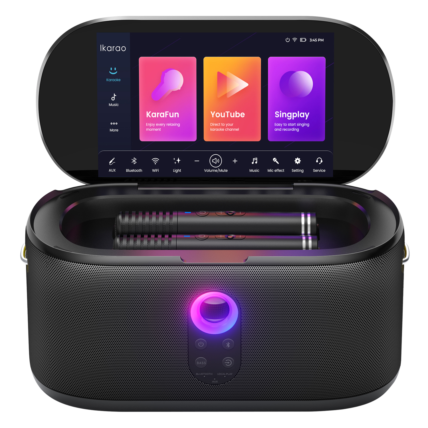 Zwarte karaoke-machine met scherm met apps. Inclusief microfoons en bedieningsknoppen. Roze en blauwe lichten zijn zichtbaar.
