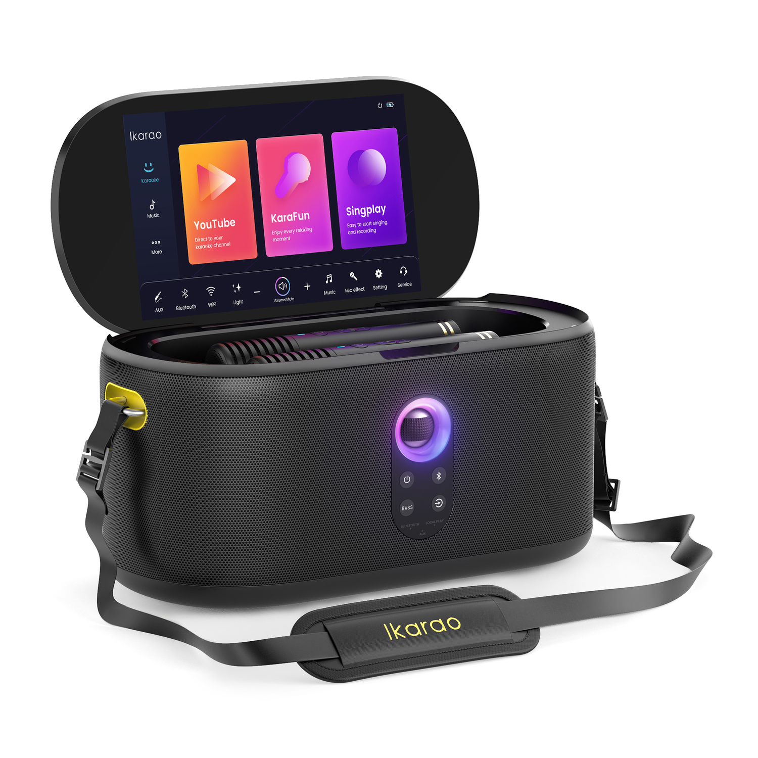 Zwarte karaokemachine met een scherm met app-pictogrammen. Inclusief microfoon, riem en bedieningsknoppen. Het merk is 'Ikarao'.