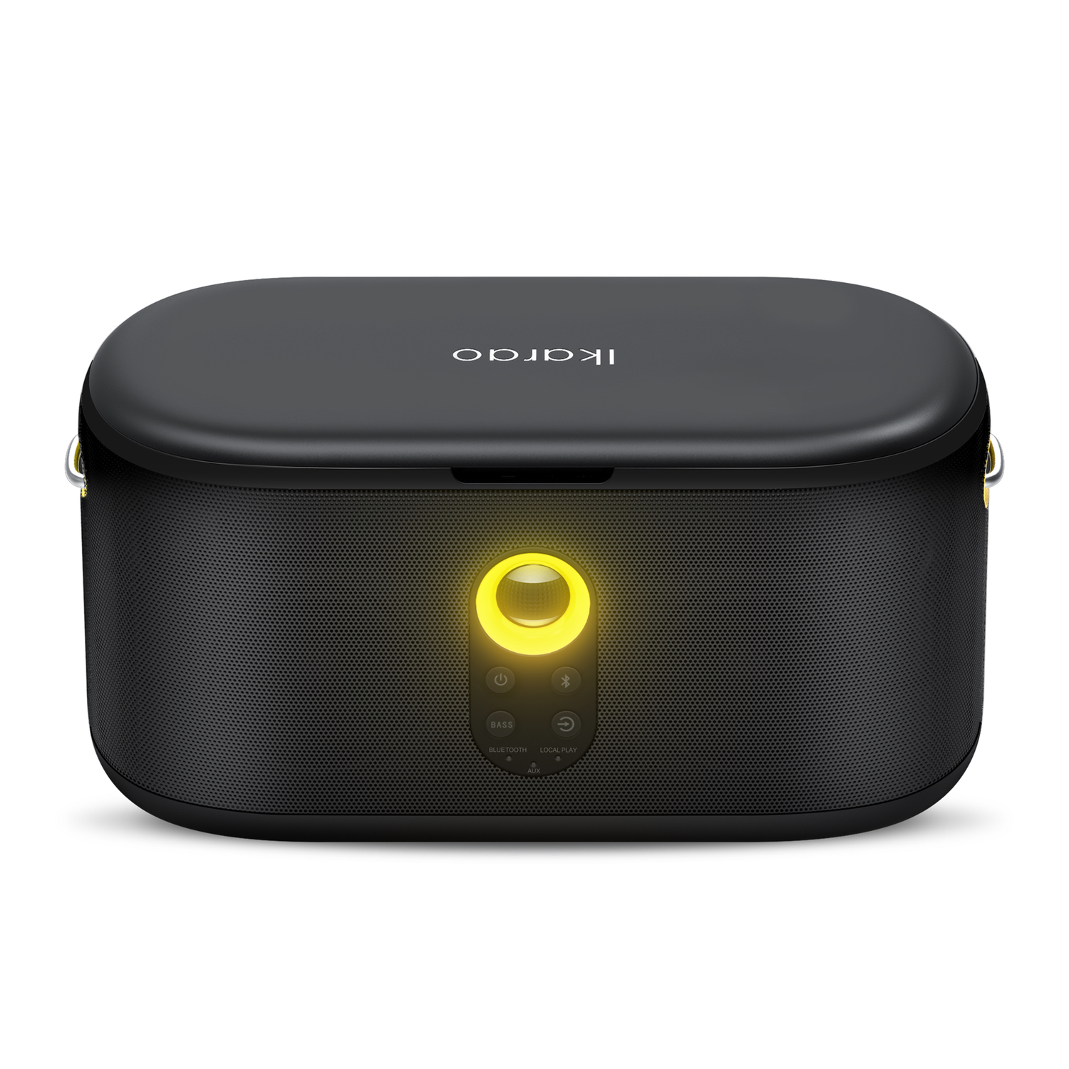 Een zwarte luidspreker met een geel oplichtende knop. Het heeft de merknaam Ikarao bovenop. Knoppen voor Bass, Bluetooth en Local Play zijn zichtbaar.