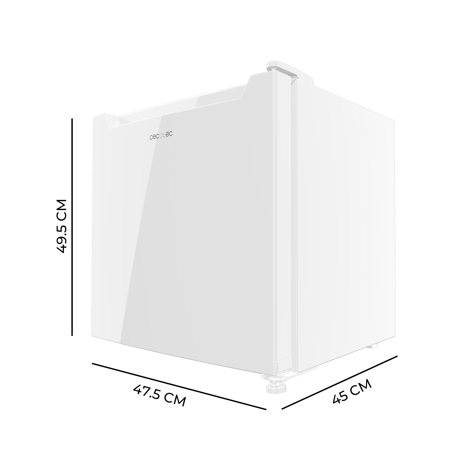 Un mini-frigorífico blanco. Dimensiones: 49,5 cm alto, 47,5 cm ancho y 45 cm profundo. La marca es Cecotec.