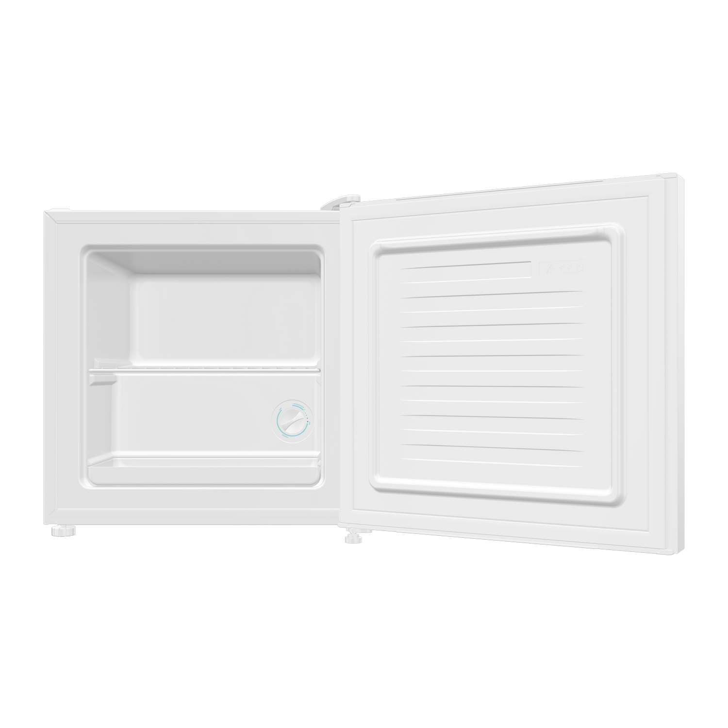 Un mini-frigorífico blanco con la puerta abierta. El interior muestra un estante y un dial de control de temperatura. El fondo es gris.