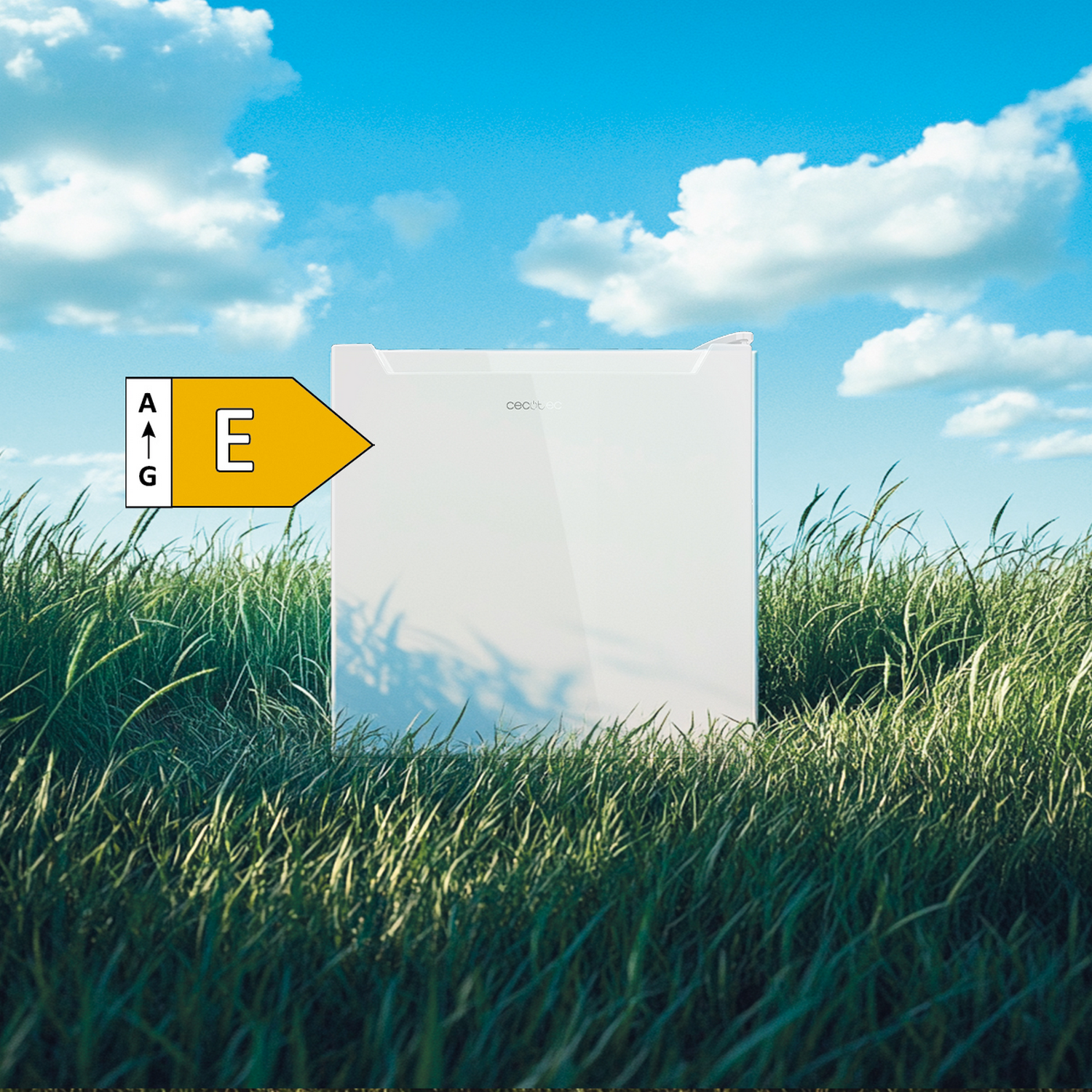 Un refrigerador blanco está en hierba alta verde bajo un cielo azul con nubes. Una etiqueta de eficiencia energética muestra la clasificación 'E'.