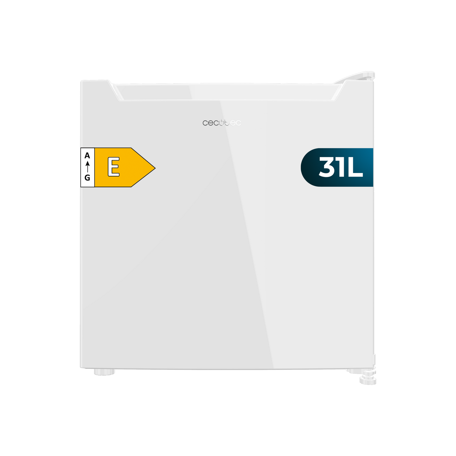 Un mini-frigorífico blanco con una etiqueta de capacidad de 31L. Tiene una clasificación energética E y se ve la marca 'Cecotec'.