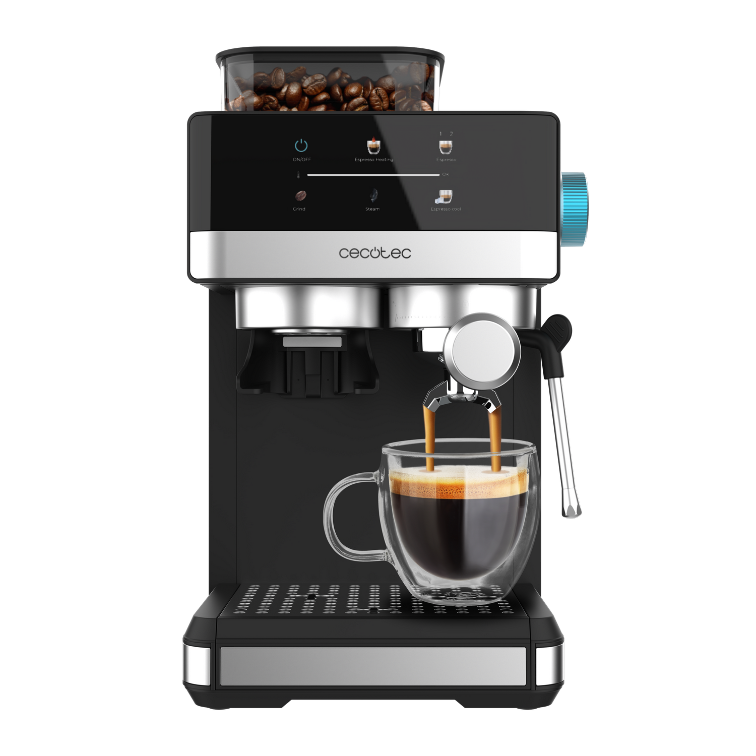 Máquina de espresso negra con café vertiéndose en un vaso de doble pared. Granos de café arriba. Botones en el panel frontal.