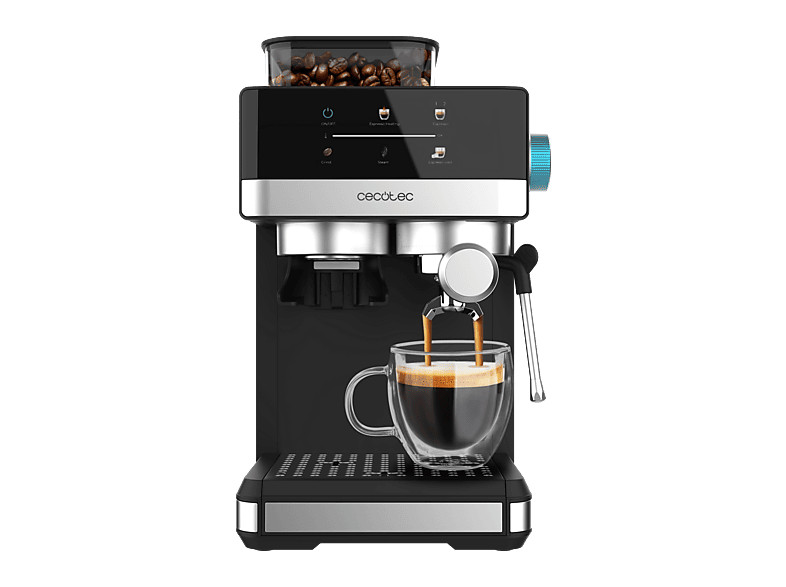 Cafetera express - Cecotec Power Espresso 20 Grind, bar, 1350W, 1.7 l, 2 tazas, Molienda ajustable, Thermoblock, Pantalla táctil, Negro
