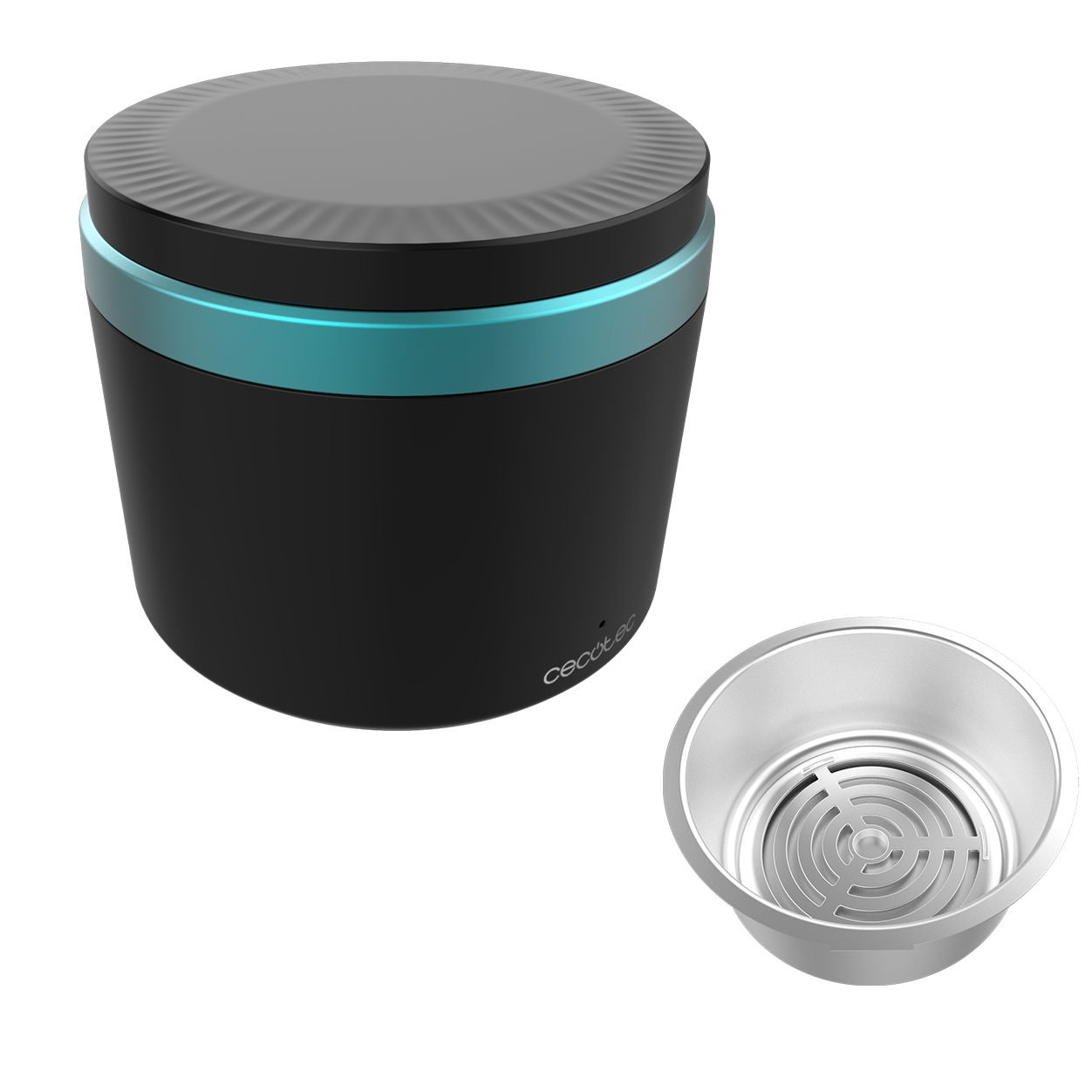 Un dispositivo cilíndrico negro y azul verdoso con tapa. También se muestra un cuenco plateado separado. El dispositivo tiene la marca 'cecotec'.