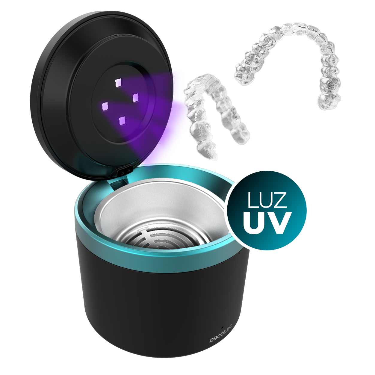 Sanitizador UV negro y verde azulado con tapa abierta. Se muestran retenedores dentales transparentes. Hay un icono de luz UV.