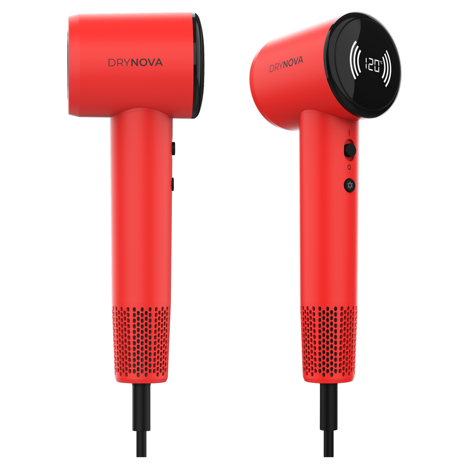 Dos secadores de pelo rojos DRYNOVA sobre fondo gris. Uno muestra el frente, el otro una pantalla digital con 120°C.