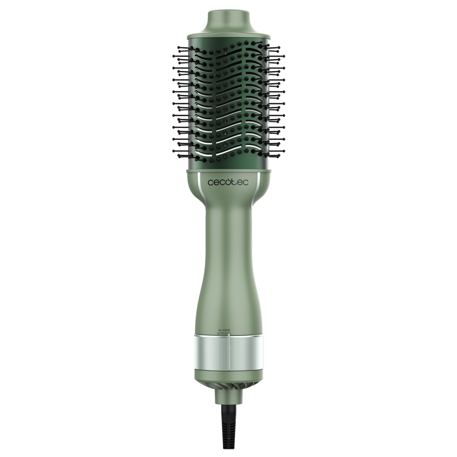 Moldeador de cabello verde. Tiene un cabezal de cepillo redondo con cerdas negras, un mango verde, un anillo plateado y un cable de alimentación negro.