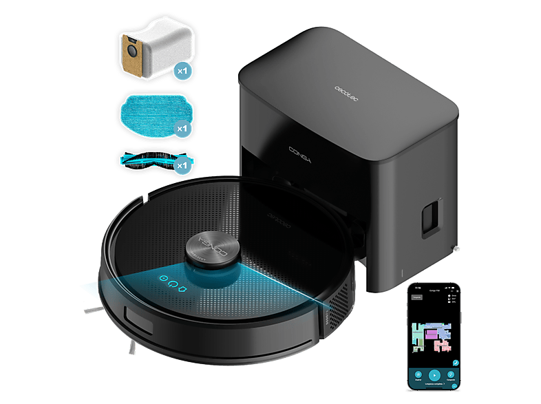 Robot friegasuelos - Cecotec Conga Y50, 480W, 145 min Auton, 5000Pa, Base Autovaciado 3L, Cepillo Multifunción, Cobertura 160m2, APP3.0, Láser, Negro