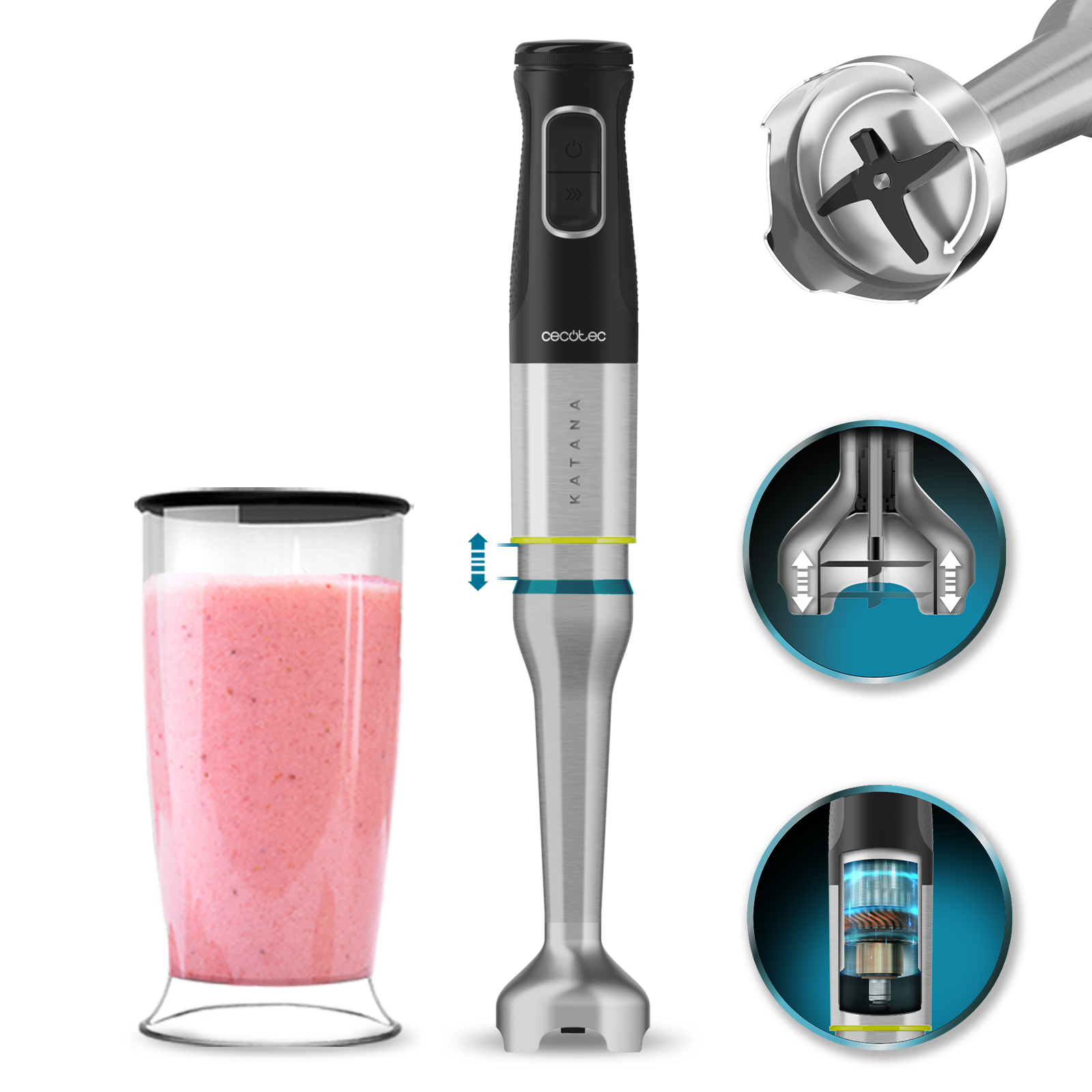 Una batidora eléctrica con un batido en un vaso. Se muestran detalles de la cuchilla y las partes internas.